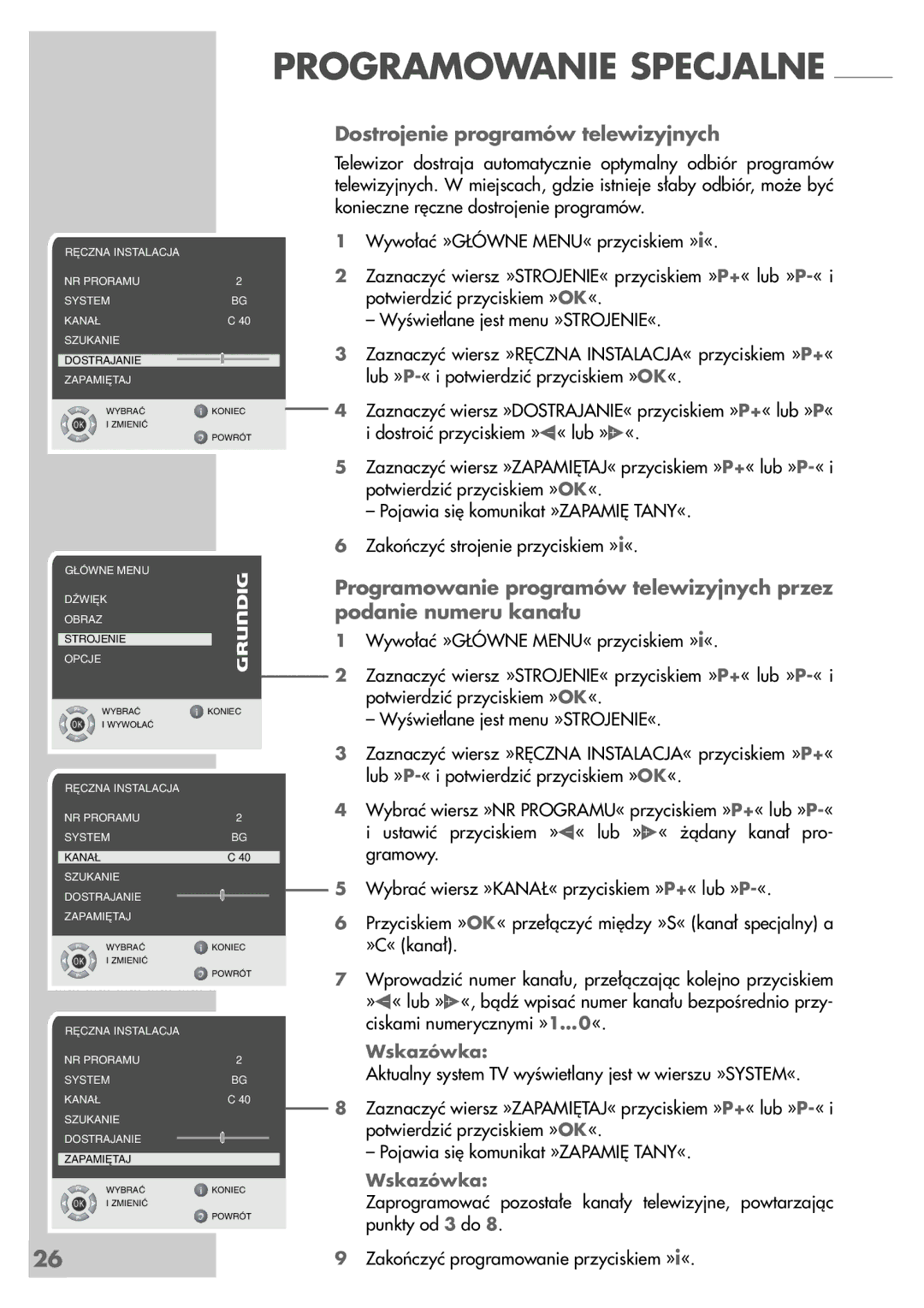 Grundig LCD 51-9622 DL manual Dostrojenie programów telewizyjnych 