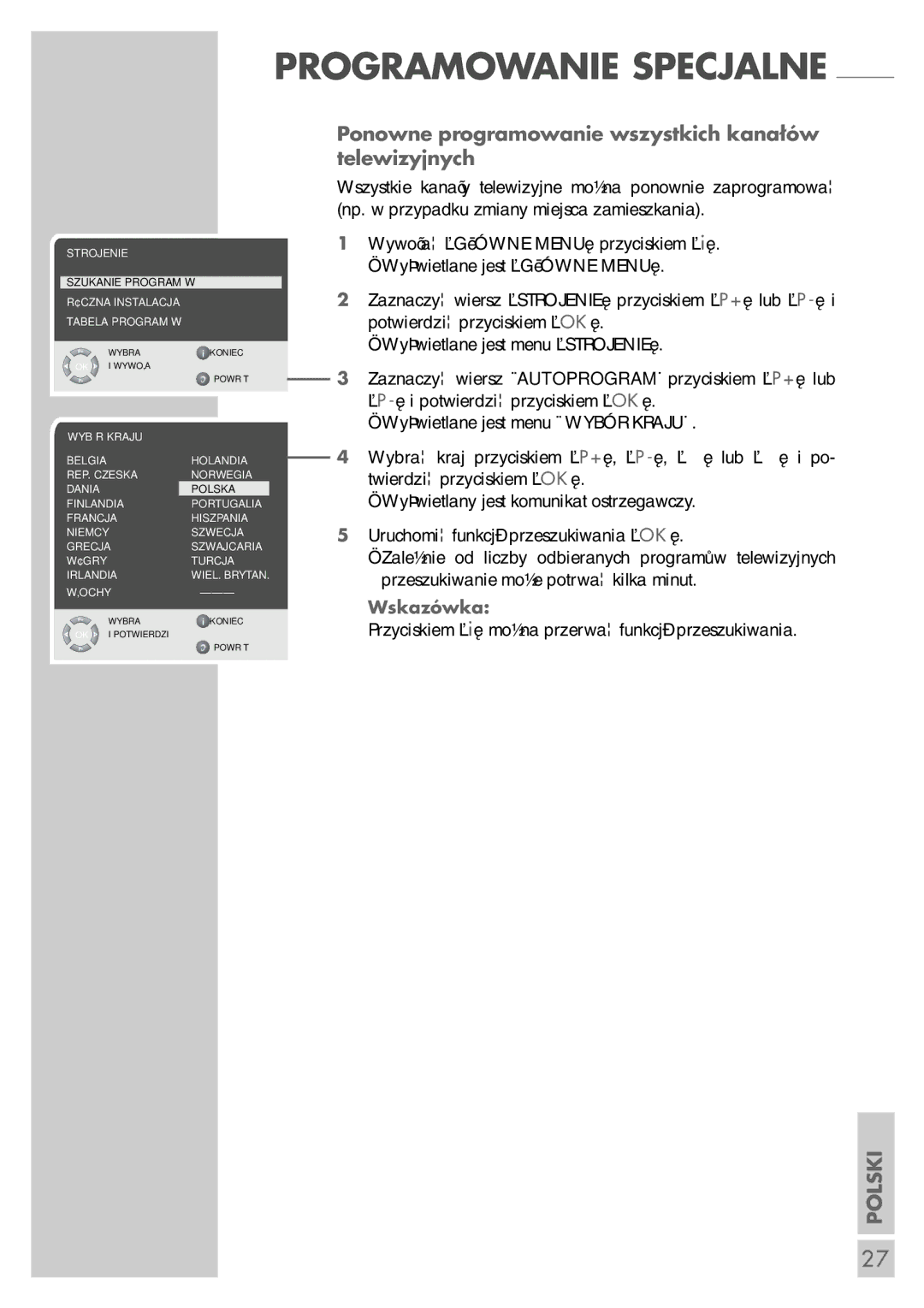 Grundig LCD 51-9622 DL manual Ponowne programowanie wszystkich kanałów telewizyjnych 