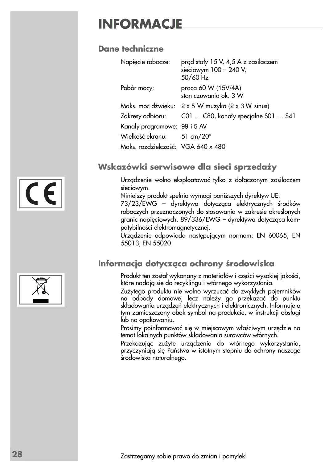 Grundig LCD 51-9622 DL Dane techniczne, Wskazówki serwisowe dla sieci sprzedaży, Informacja dotycząca ochrony środowiska 