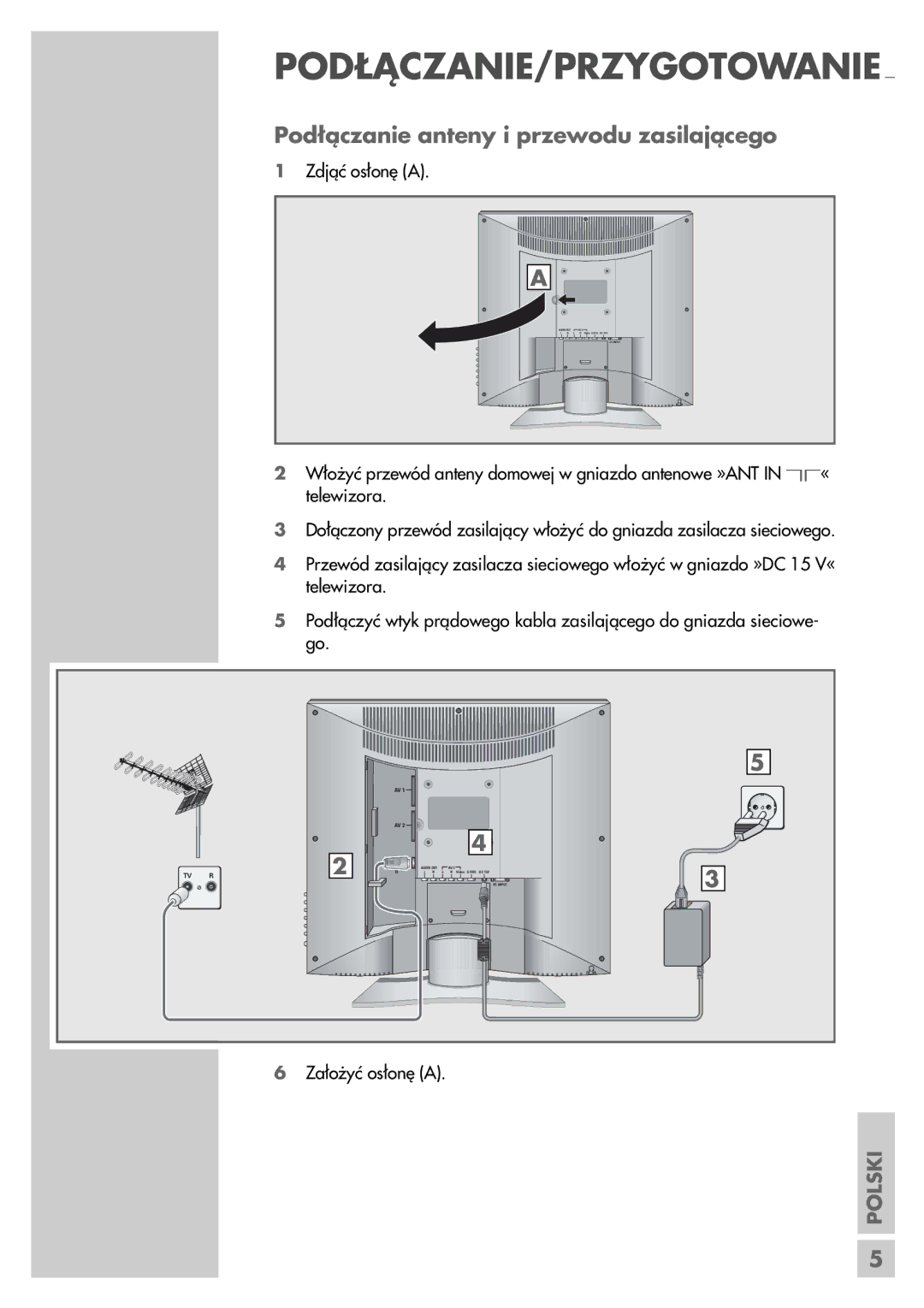 Grundig LCD 51-9622 DL manual Podłączanie/Przygotowanie, Podłączanie anteny i przewodu zasilającego 