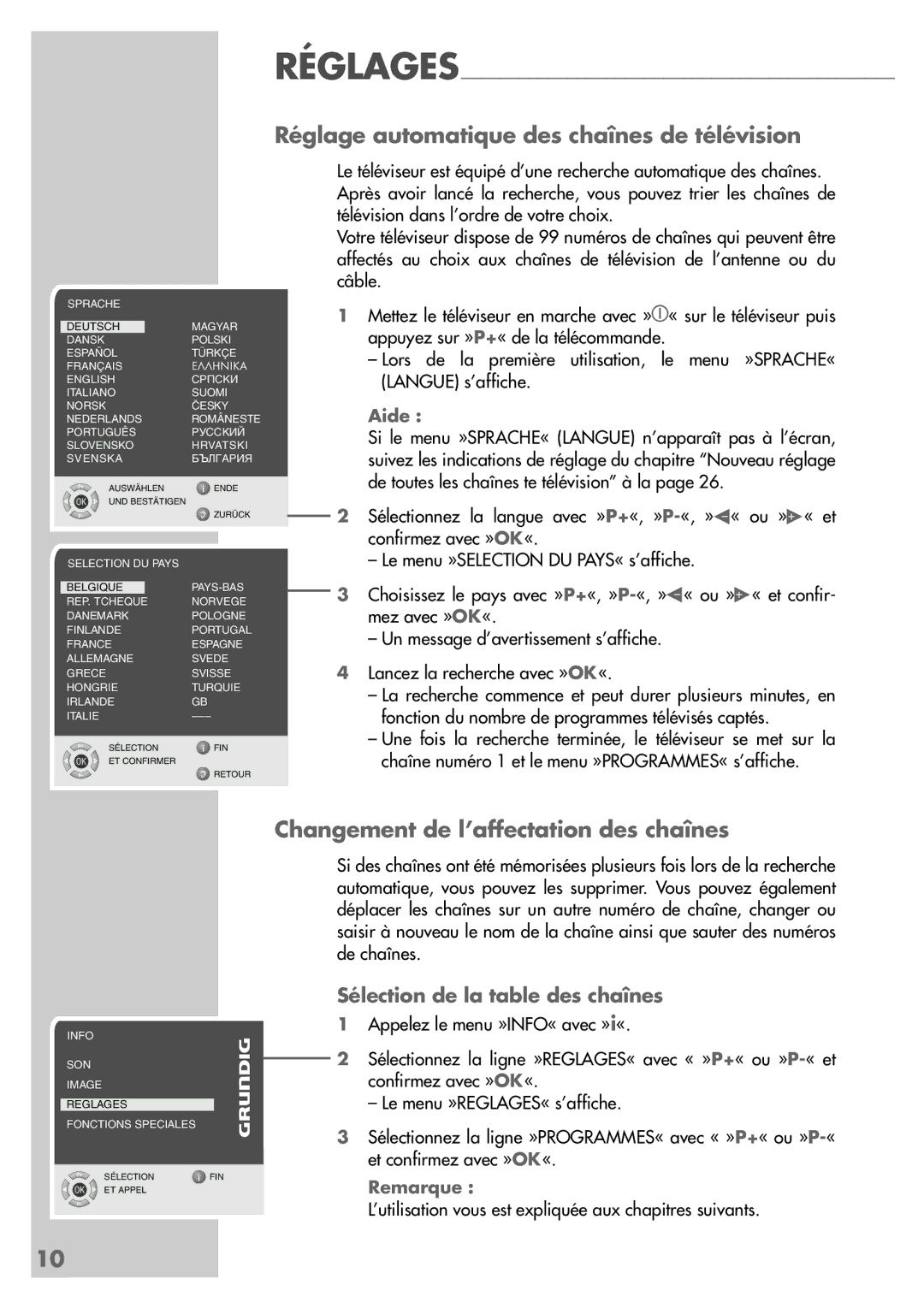 Grundig LW49-7710BS manual Réglage automatique des chaînes de télévision, Changement de l’affectation des chaînes, Aide 