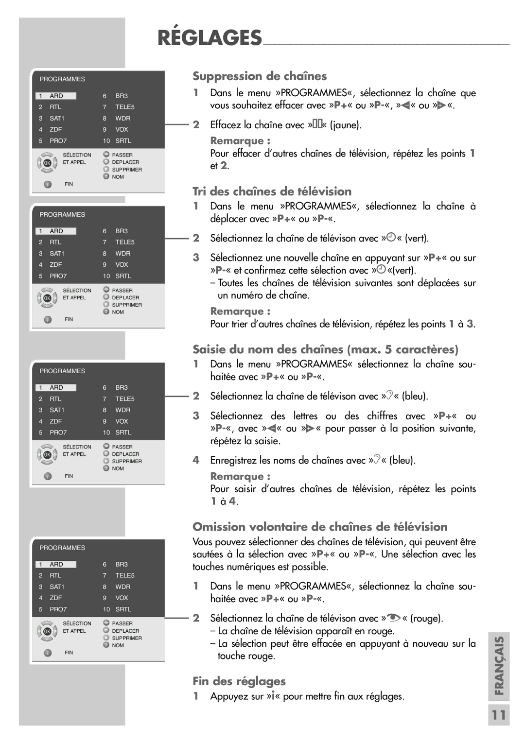 Grundig LW49-7710BS manual Réglages Suppression de chaînes, Tri des chaînes de télévision, Fin des réglages 