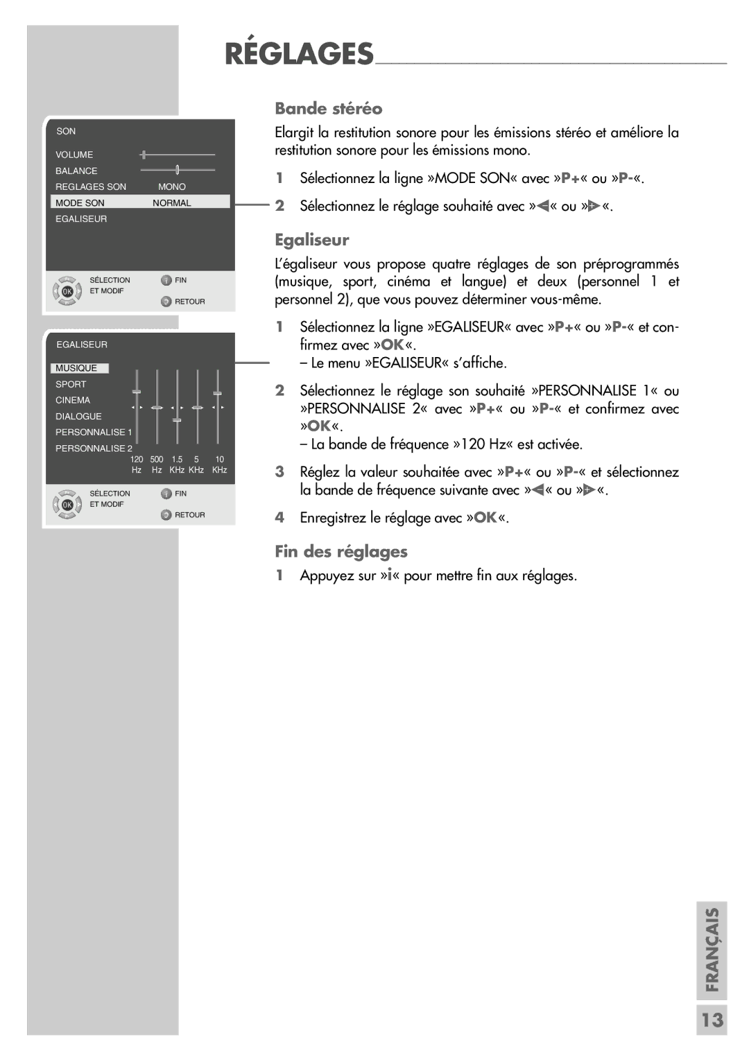 Grundig LW49-7710BS manual Réglages Bande stéréo, Egaliseur 