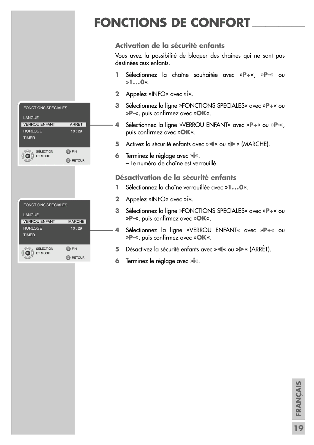 Grundig LW49-7710BS manual Activation de la sécurité enfants, Désactivation de la sécurité enfants 