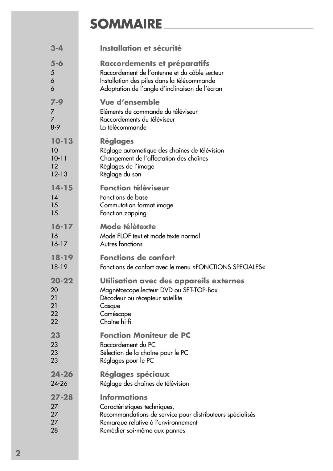 Grundig LW49-7710BS Installation et sécurité, Raccordements et préparatifs, Vue d’ensemble, 10-13 Réglages, Mode télétexte 