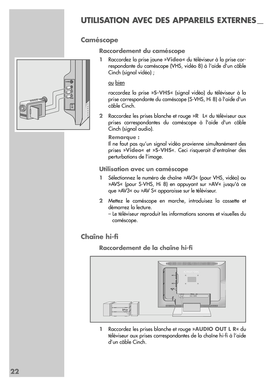 Grundig LW49-7710BS manual Caméscope, Chaîne hi-fi, Raccordement du caméscope, Utilisation avec un caméscope 