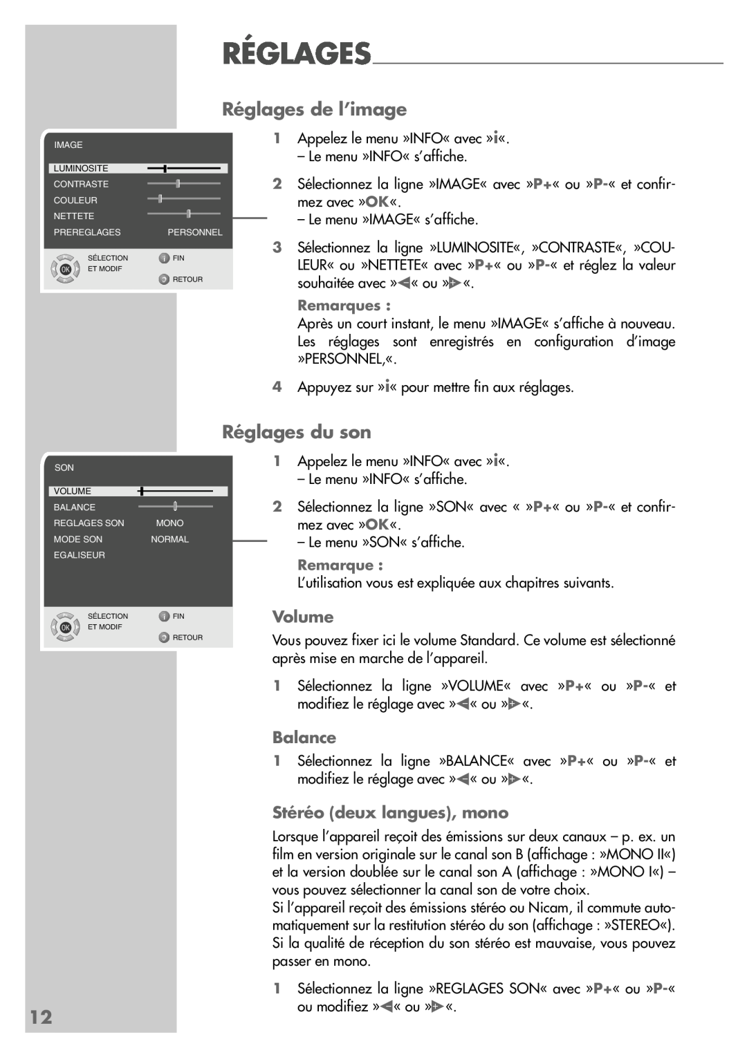 Grundig LW49-7710BS manual Réglages de l’image, Réglages du son, Volume, Balance, Stéréo deux langues, mono 