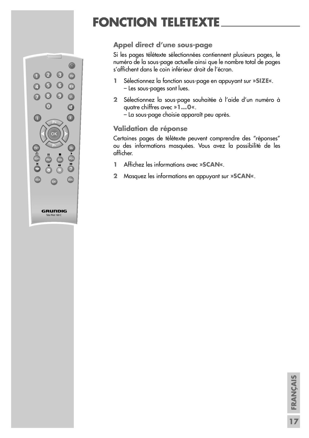 Grundig LW49-7710BS manual Appel direct d’une sous-page, Validation de réponse, Fonction Teletexte, Français 
