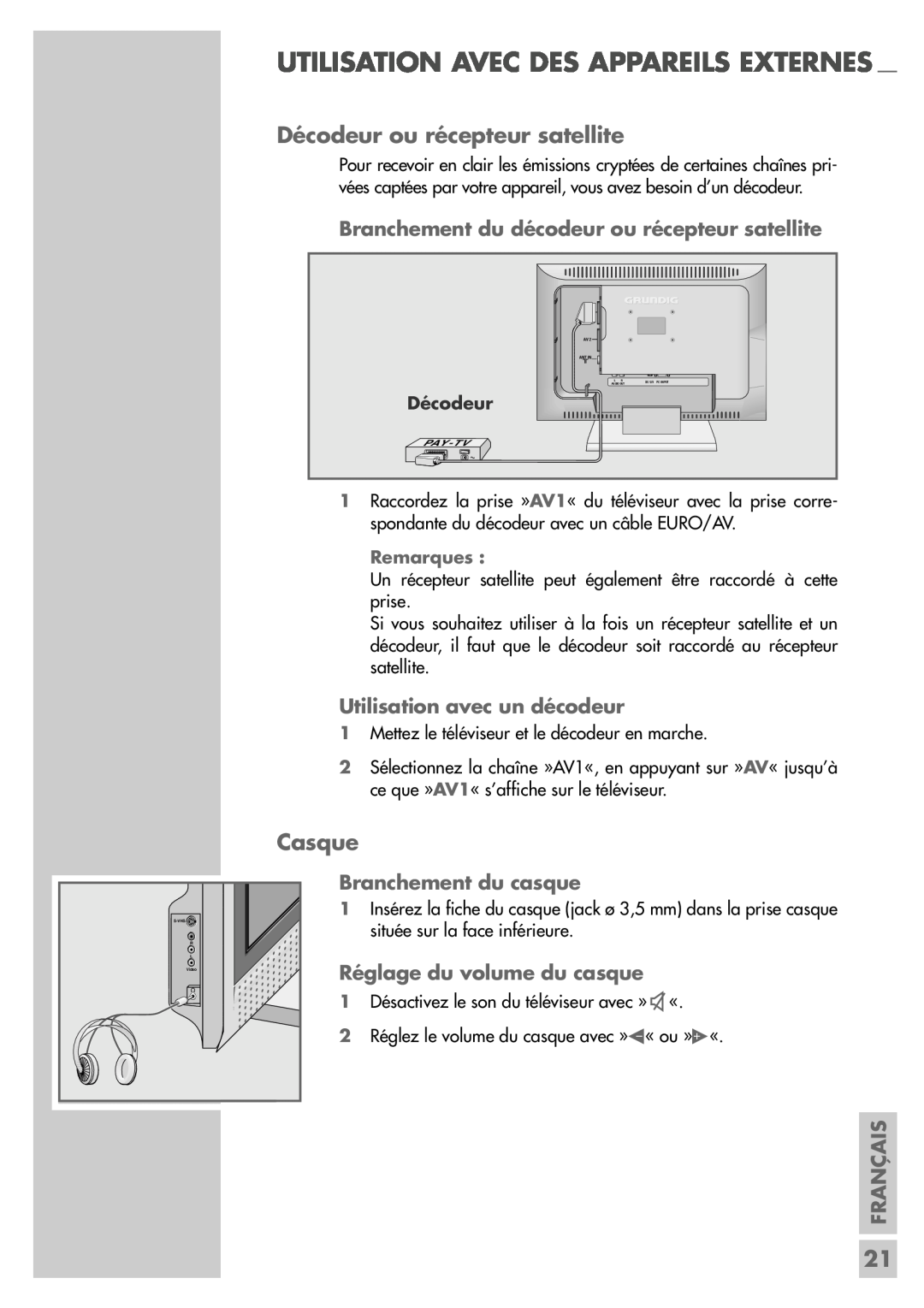 Grundig LW49-7710BS manual Utilisation Avec Des Appareils Externes, Décodeur ou récepteur satellite, Casque, Français 