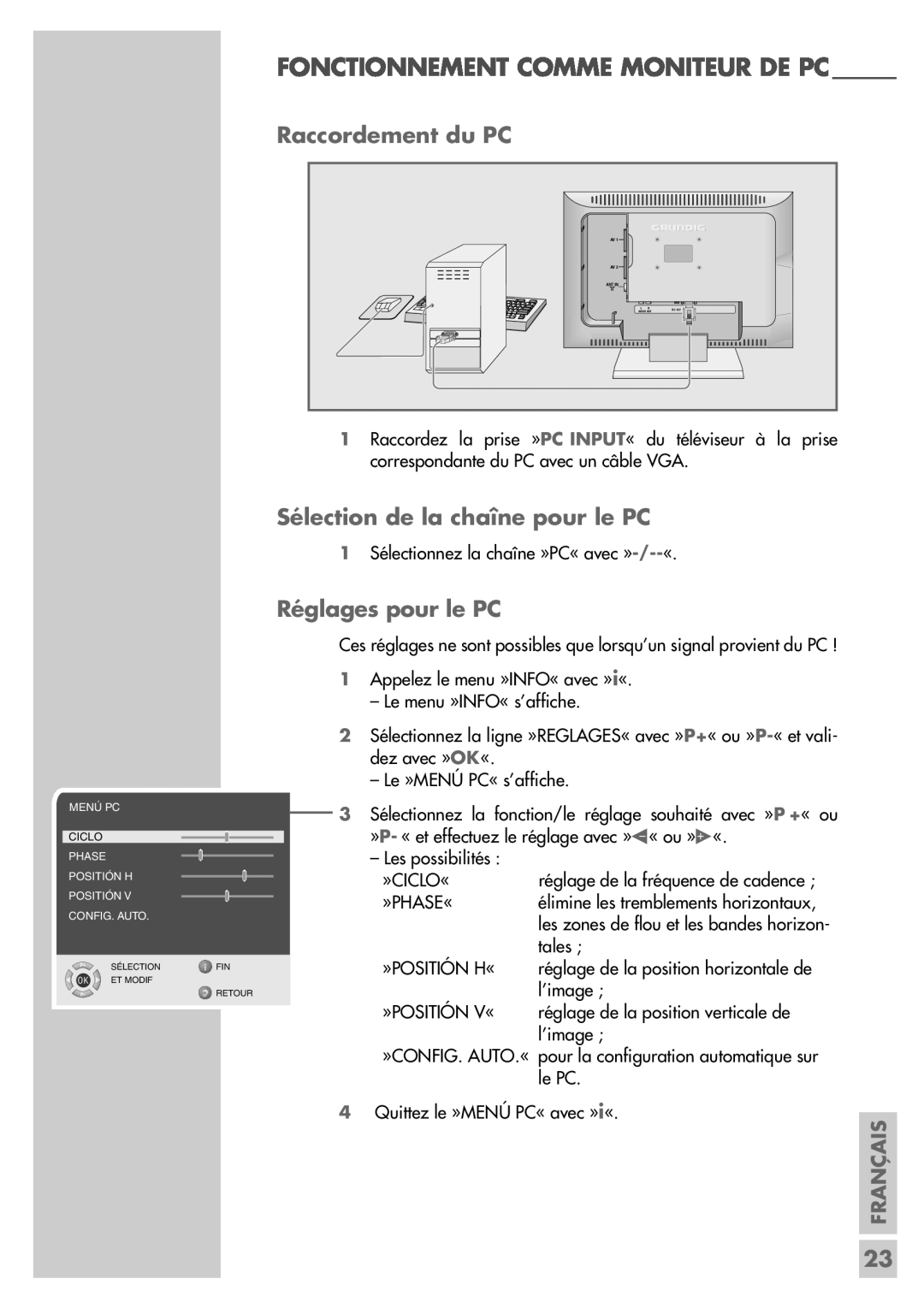 Grundig LW49-7710BS Fonctionnement Comme Moniteur De Pc, Raccordement du PC, Sélection de la chaîne pour le PC, Français 