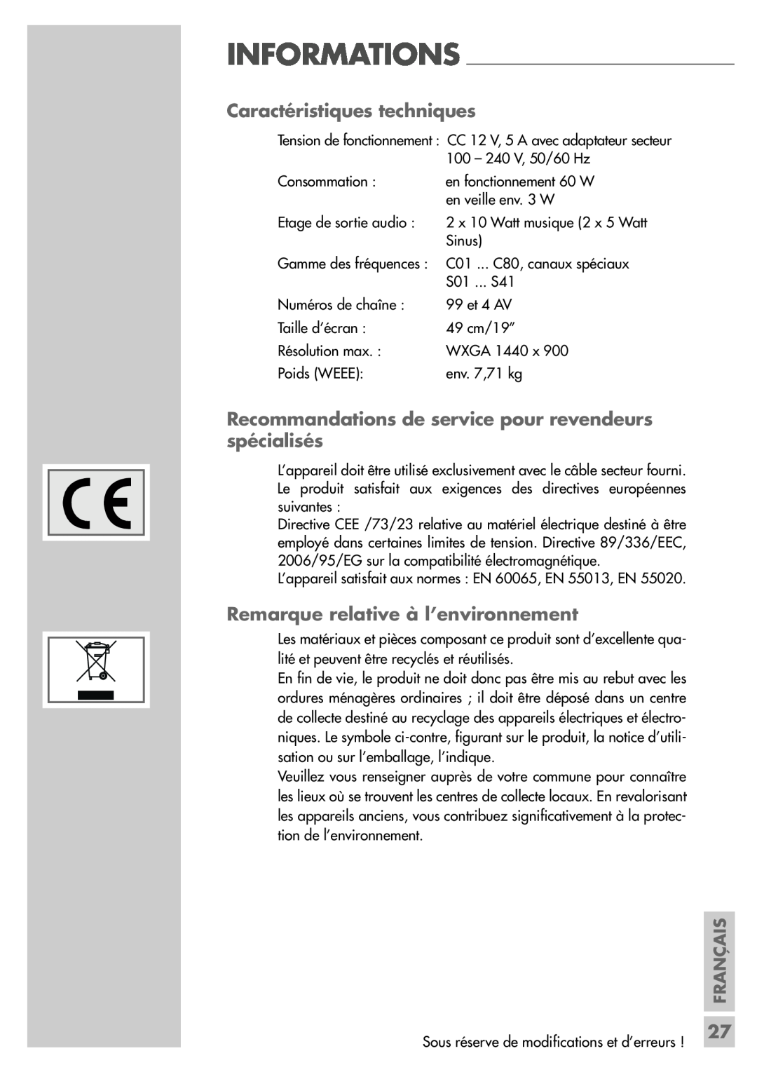 Grundig LW49-7710BS manual Caractéristiques techniques, Recommandations de service pour revendeurs spécialisés, Français 
