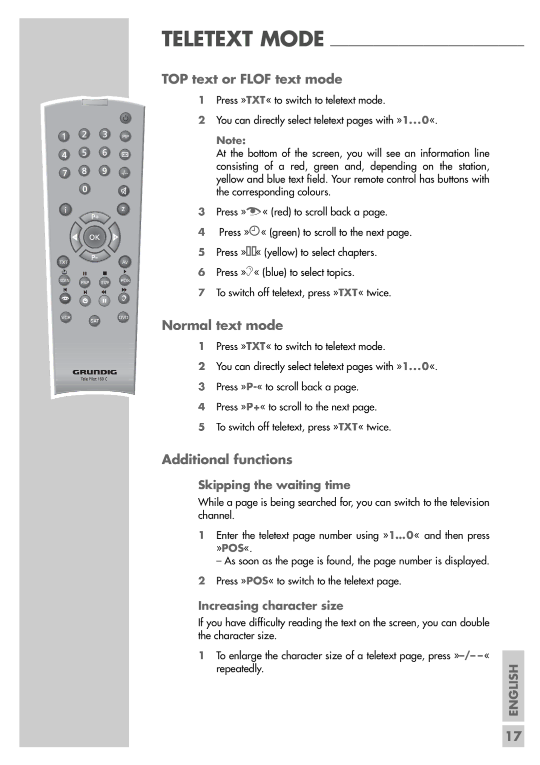 Grundig LXW 68-8510 TOP TOP text or Flof text mode, Normal text mode, Additional functions, Skipping the waiting time 