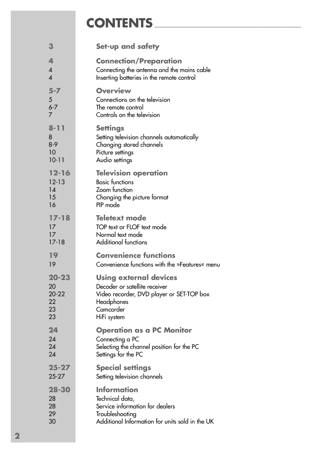 Grundig LWX 82-8510 TOP manual Contents Set-up and safety Connection/Preparation, Overview, Settings, Television operation 