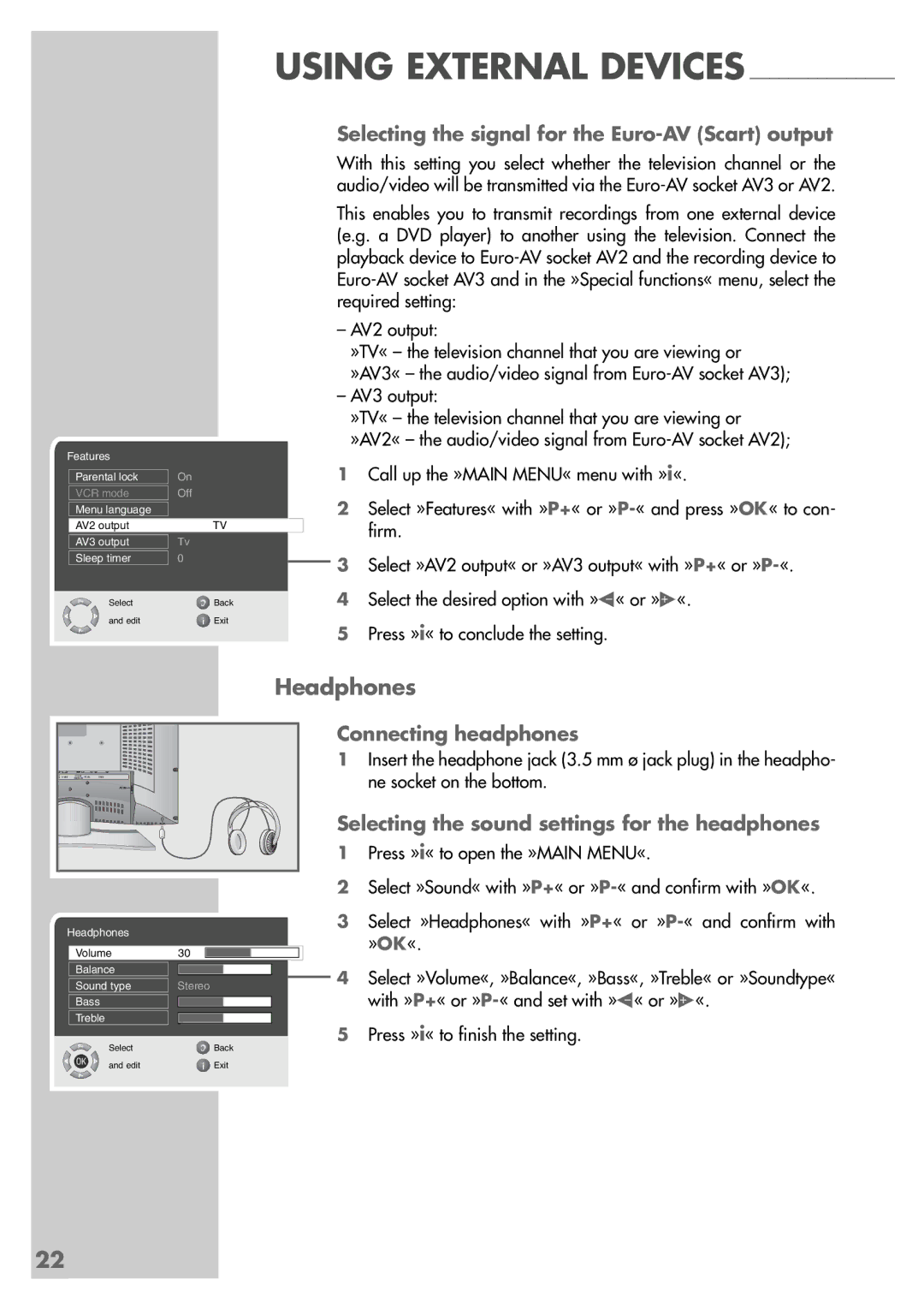 Grundig LWX 82-8510 TOP manual Headphones, Selecting the signal for the Euro-AV Scart output, Connecting headphones 