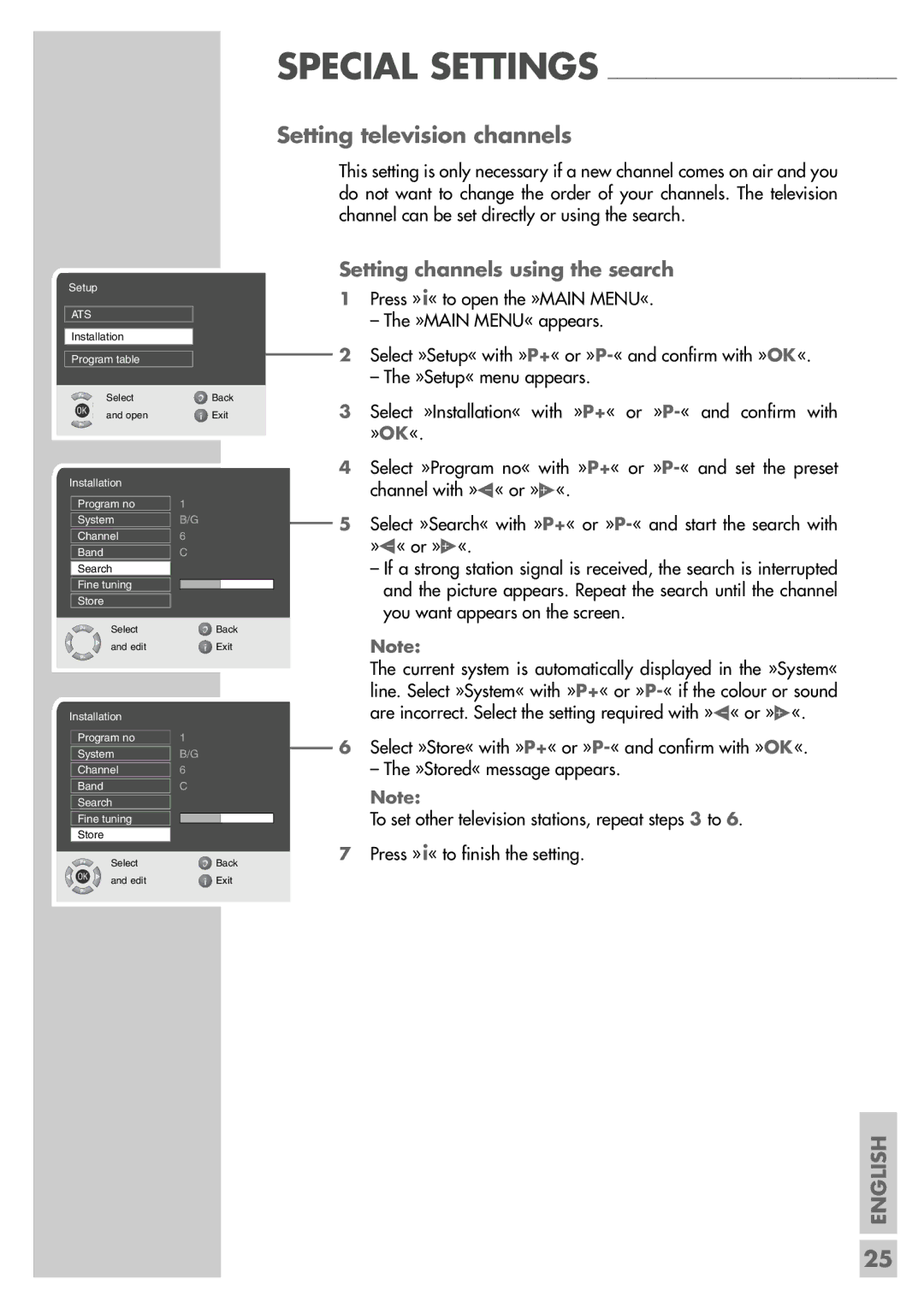 Grundig LXW 68-8510 TOP, LWX 82-8510 TOP manual Setting television channels, Setting channels using the search 