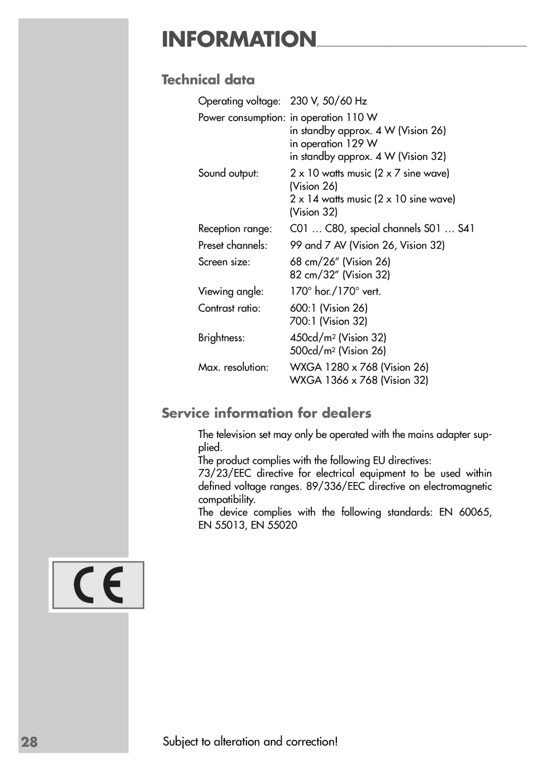 Grundig LWX 82-8510 TOP, LXW 68-8510 TOP manual Technical data, Service information for dealers 