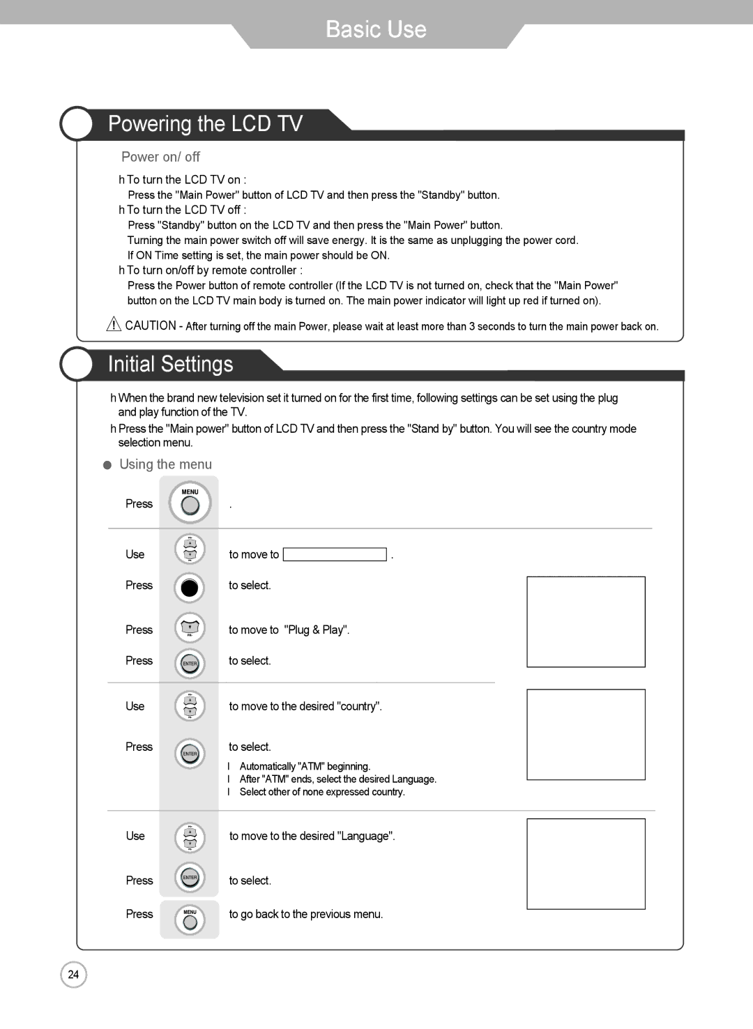 Grundig LXW 102-8625 REF manual Powering the LCD TV, Initial Settings, Power on/ off, Using the menu 