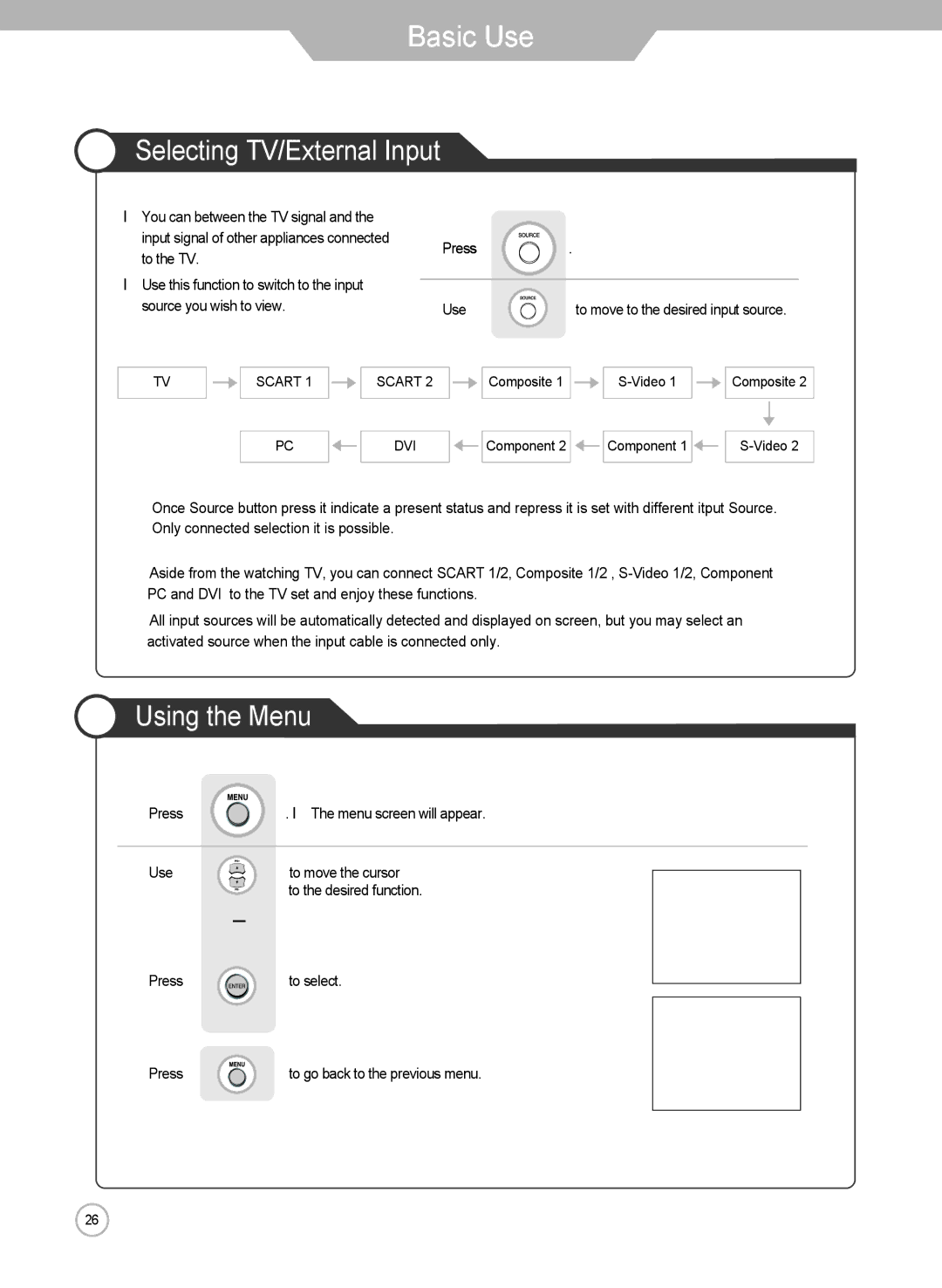 Grundig LXW 102-8625 REF manual Selecting TV/External Input, Using the Menu 