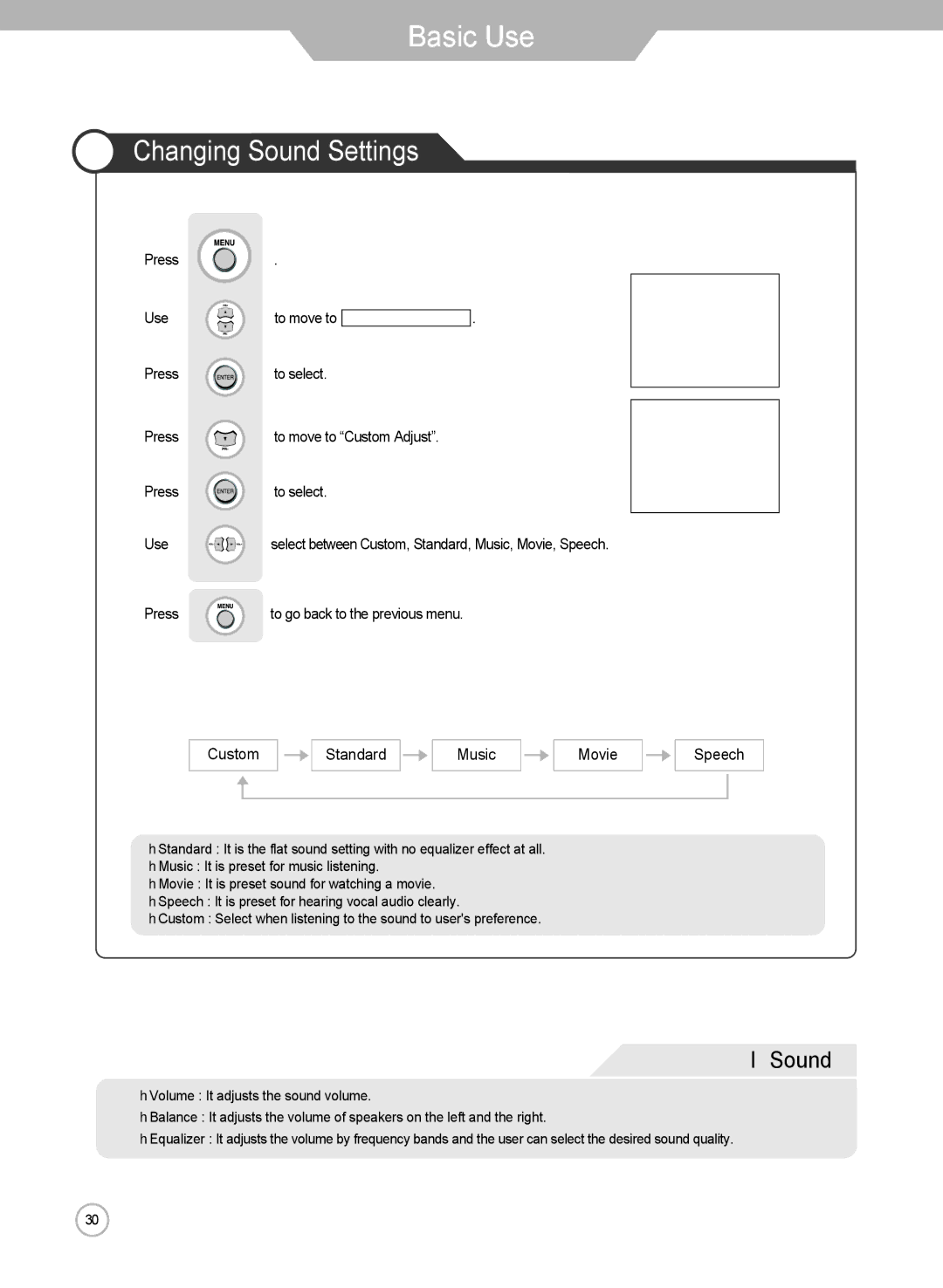 Grundig LXW 102-8625 REF manual Changing Sound Settings, Custom Standard Music Movie Speech 