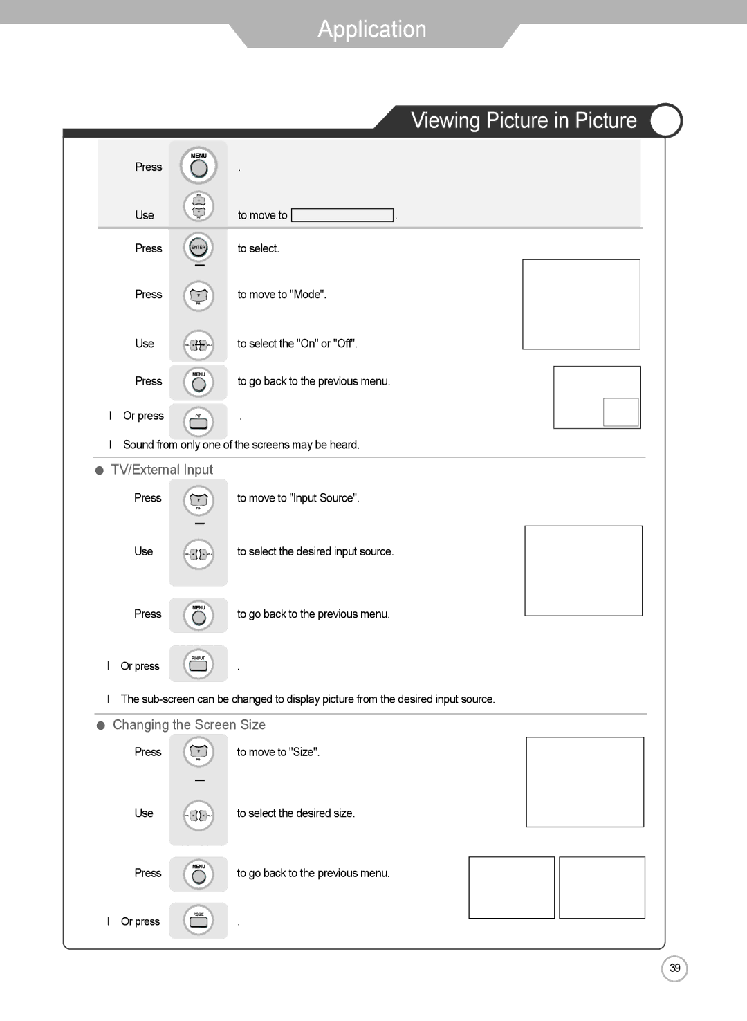 Grundig LXW 102-8625 REF manual Viewing Picture in Picture, TV/External Input, Changing the Screen Size 