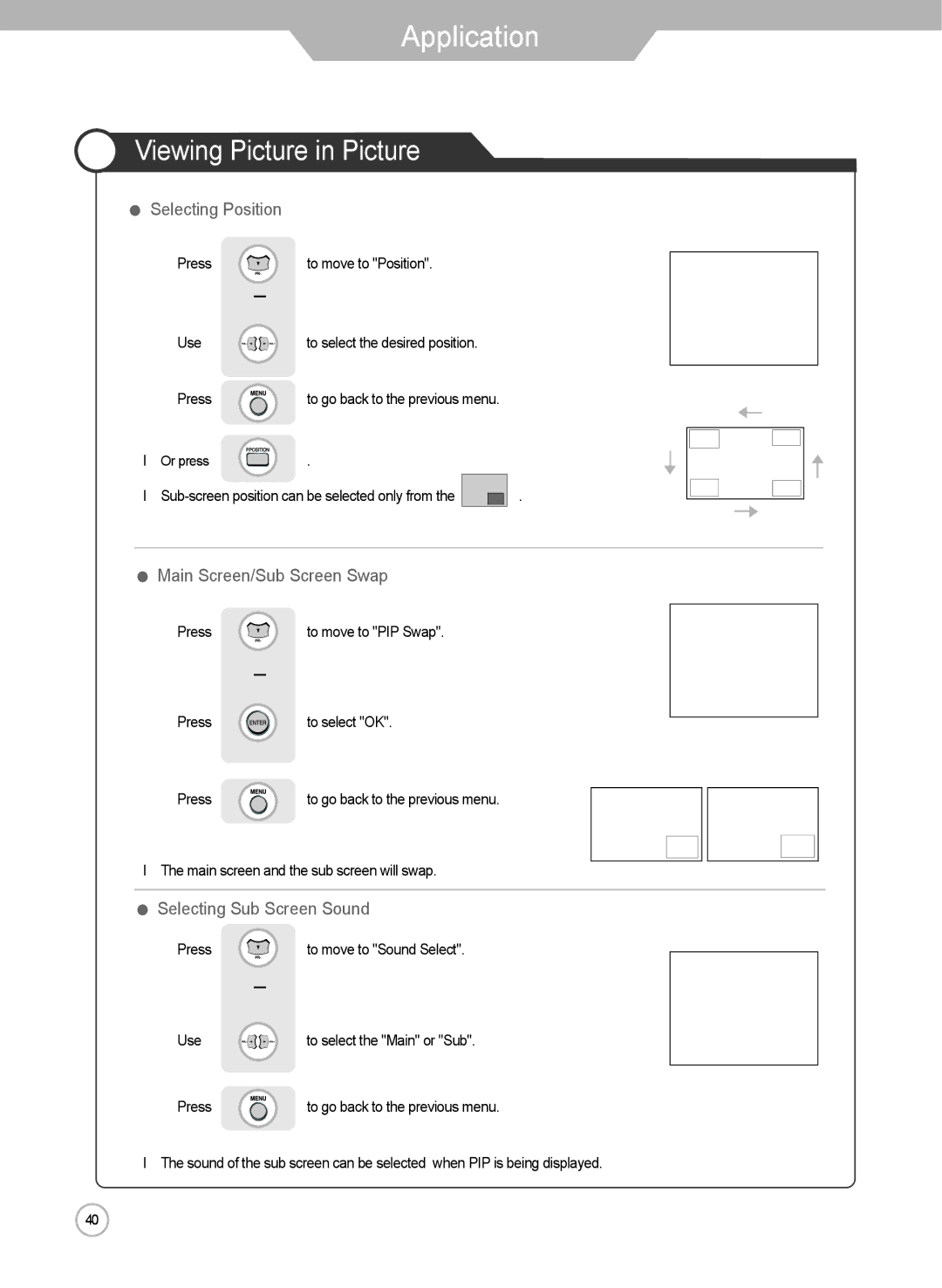 Grundig LXW 102-8625 REF manual Selecting Position, Main Screen/Sub Screen Swap, Selecting Sub Screen Sound 