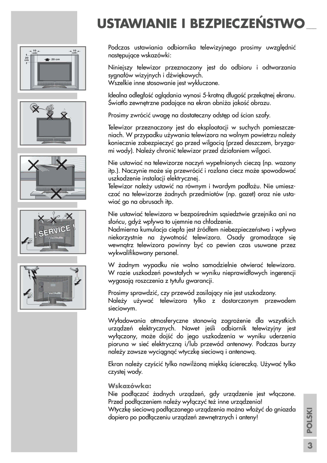 Grundig LXW 82-9620, LXW 68-9620 manual Ustawianie I Bezpieczeństwo, Wskazówka 