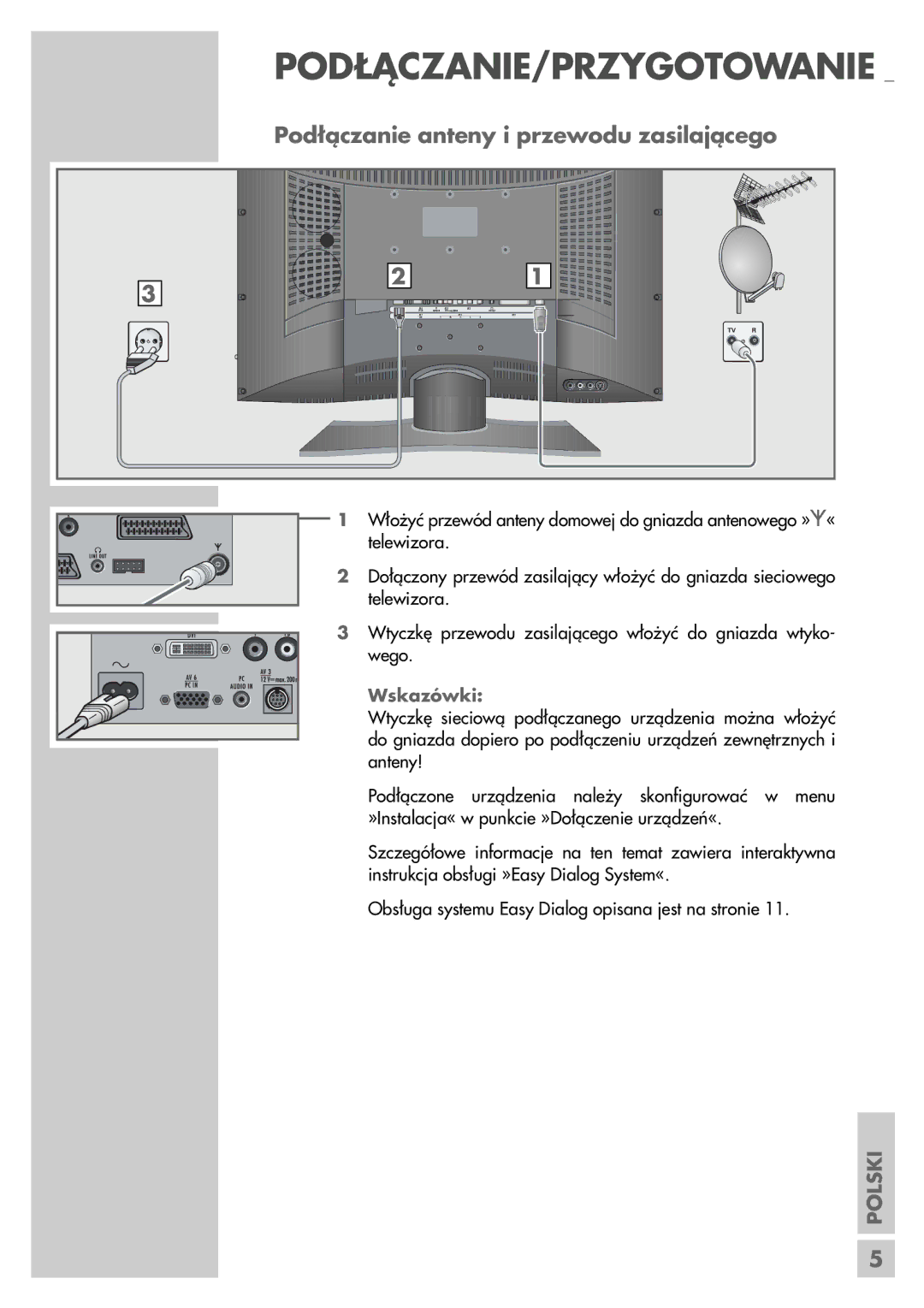 Grundig LXW 82-9620, LXW 68-9620 manual Podłączanie anteny i przewodu zasilającego, Wskazówki 