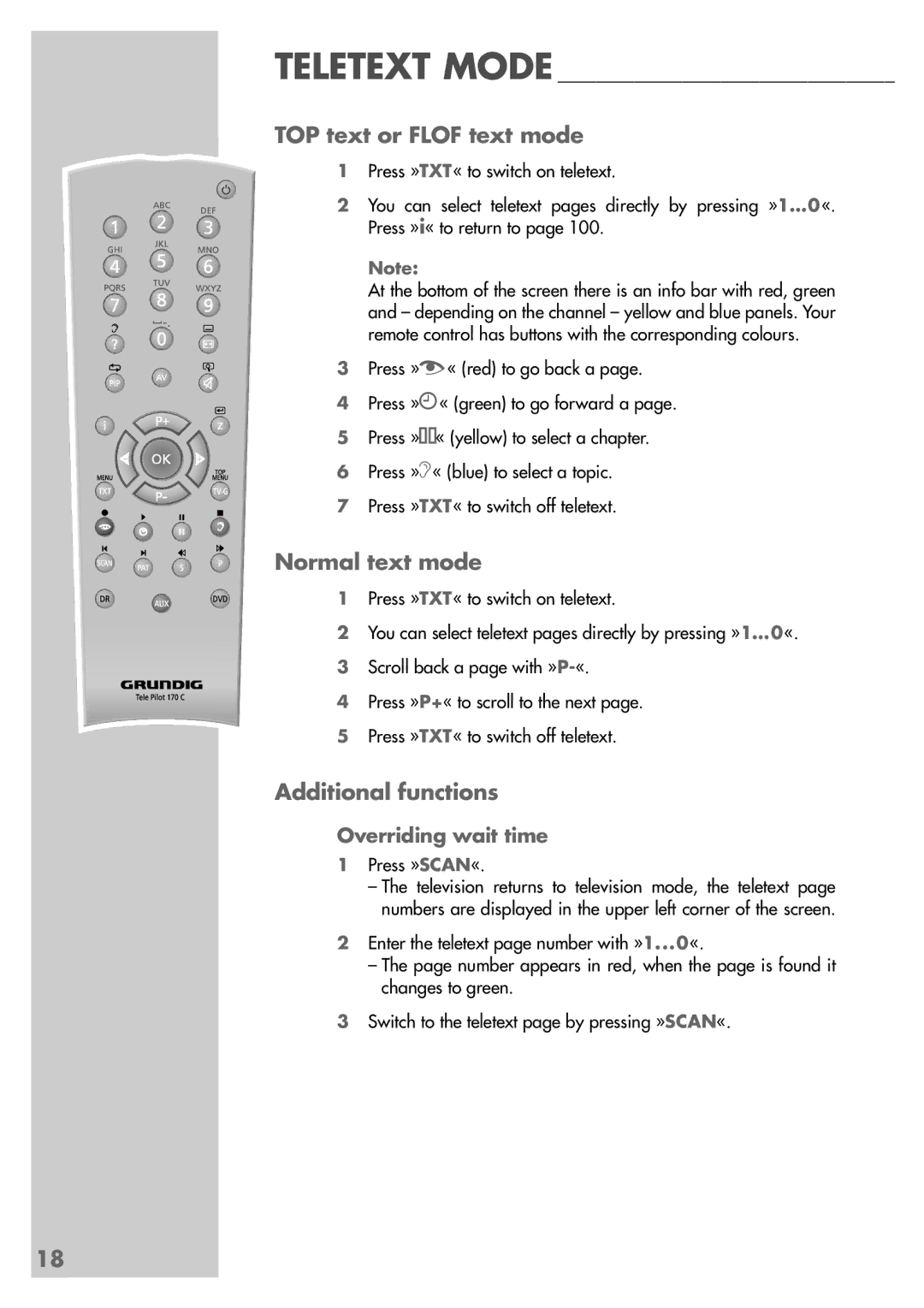 Grundig LXW 68-9740 Dolby manual TOP text or Flof text mode, Normal text mode, Additional functions, Overriding wait time 