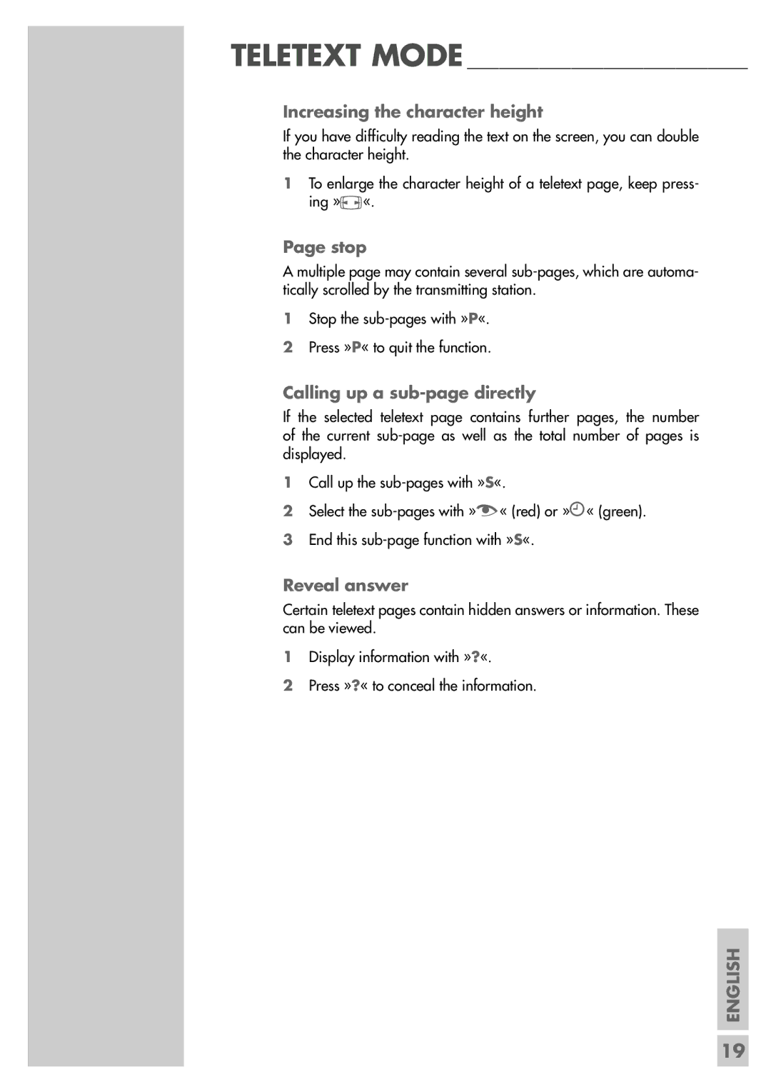 Grundig LXW 82-9740 Dolby manual Increasing the character height, Stop, Calling up a sub-page directly, Reveal answer 