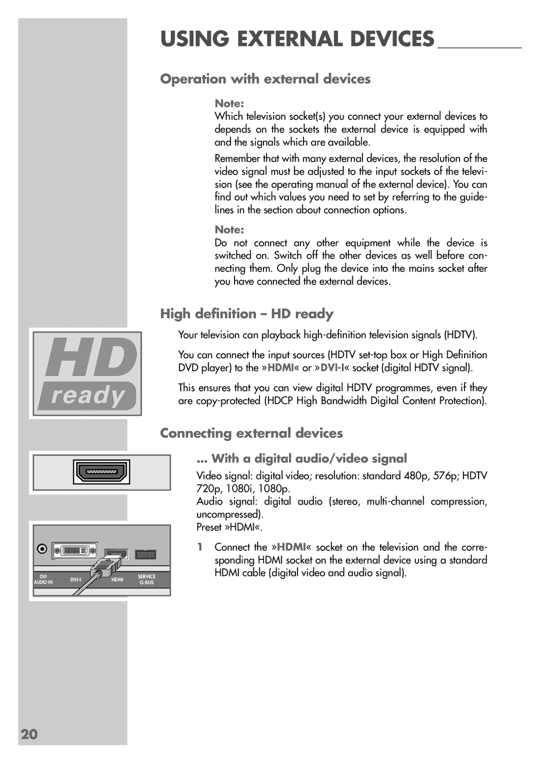 Grundig LXW 68-9740 Dolby manual Using External Devices, Operation with external devices, Connecting external devices 