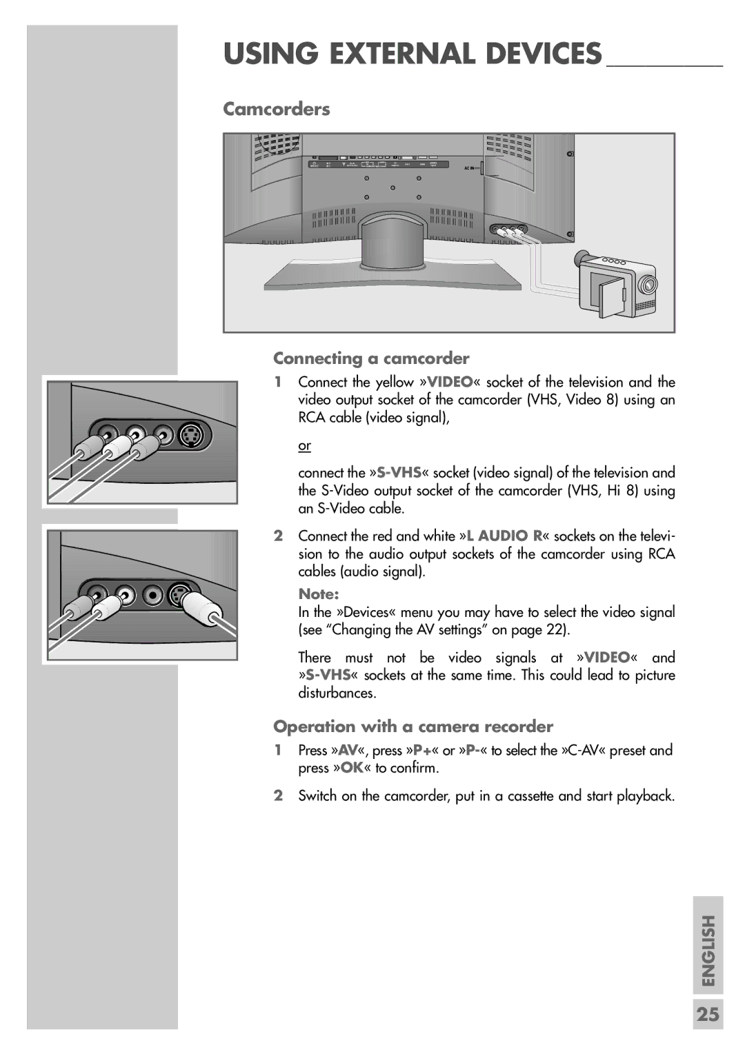 Grundig LXW 82-9740 Dolby, LXW 68-9740 Dolby manual Camcorders, Connecting a camcorder, Operation with a camera recorder 