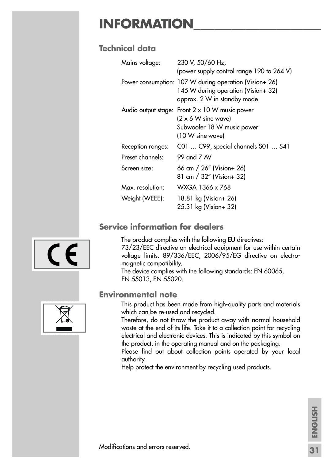 Grundig LXW 82-9740 Dolby, LXW 68-9740 Dolby manual Technical data, Service information for dealers, Environmental note 