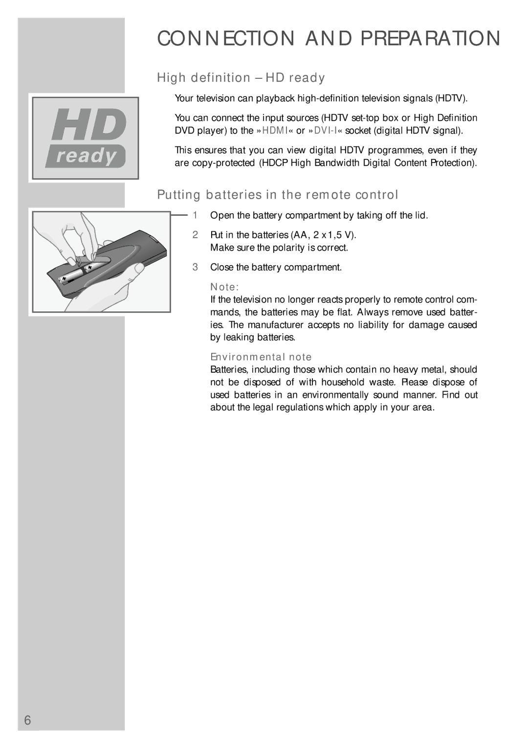 Grundig LXW 68-9740 Dolby, LXW 82-9740 Dolby manual High definition HD ready, Putting batteries in the remote control 