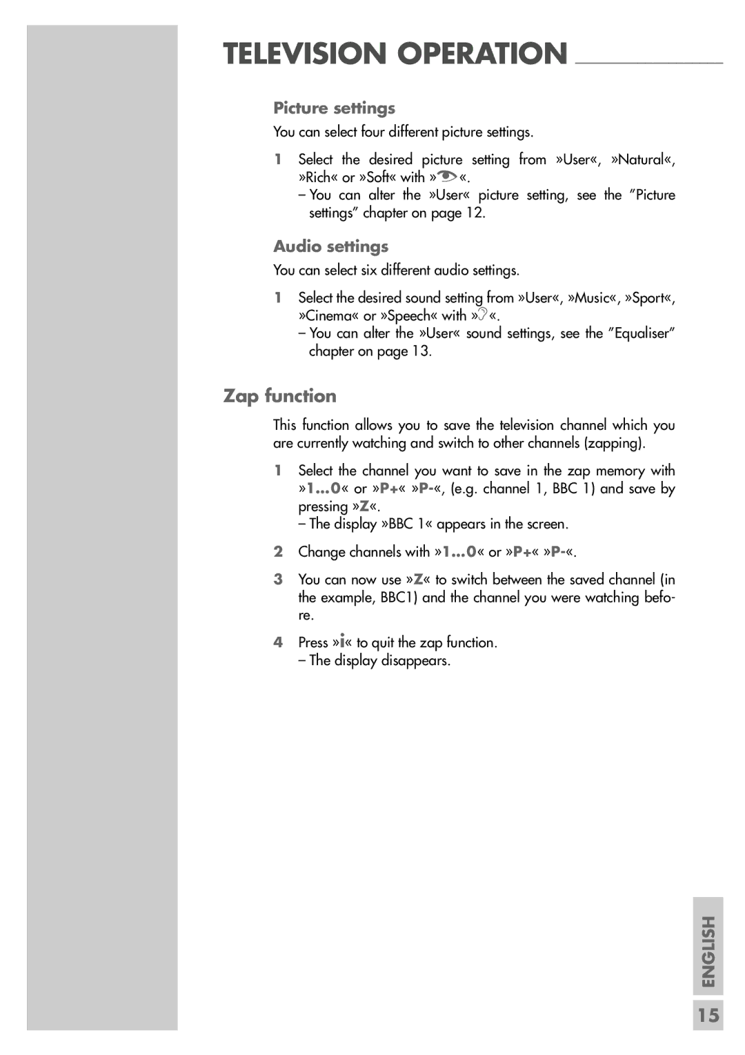 Grundig LXW 82-8620, LXW 70-8620 manual Zap function, Picture settings, Audio settings 