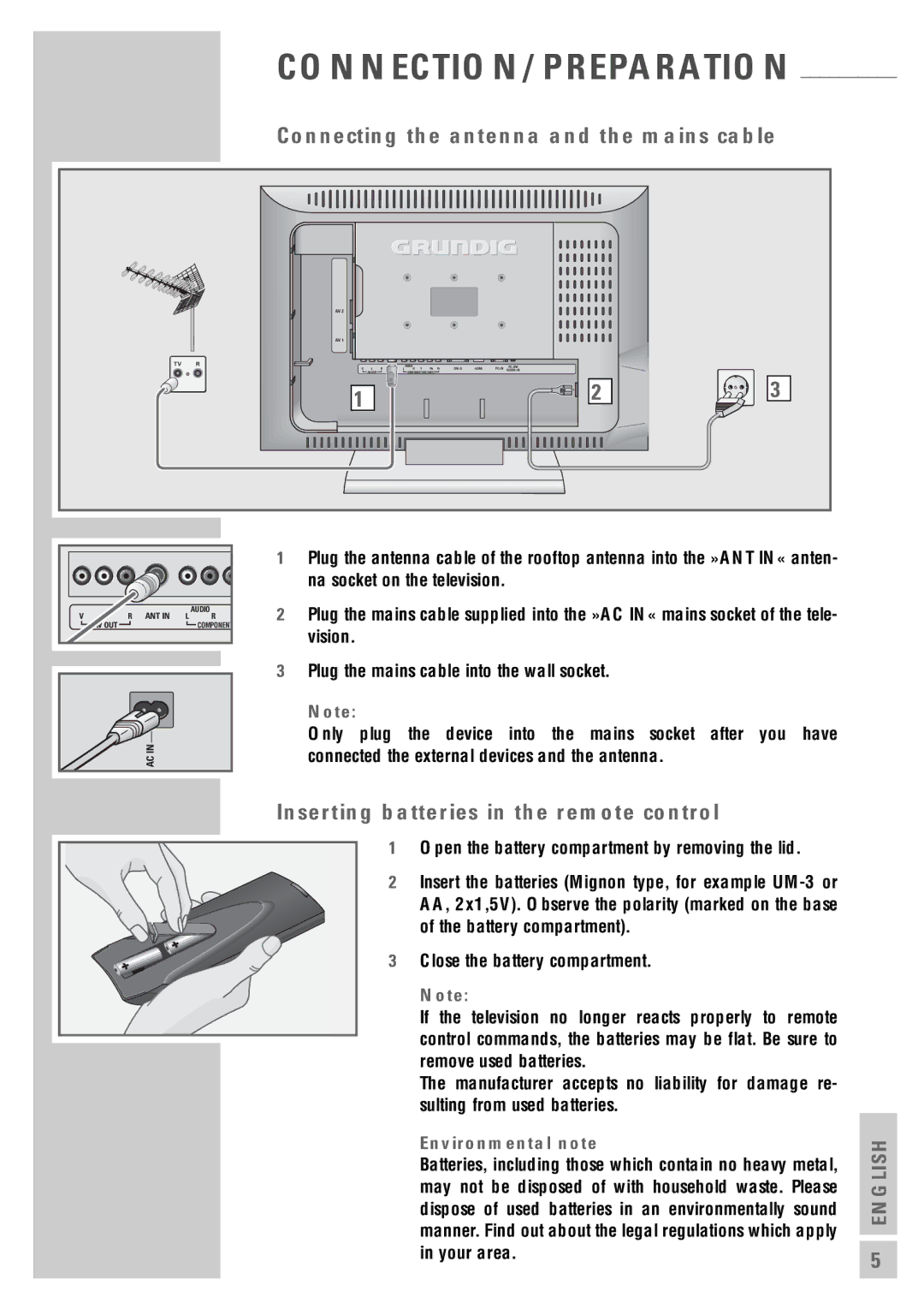 Grundig LXW 82-8620, LXW 70-8620 Connecting the antenna and the mains cable, Inserting batteries in the remote control 