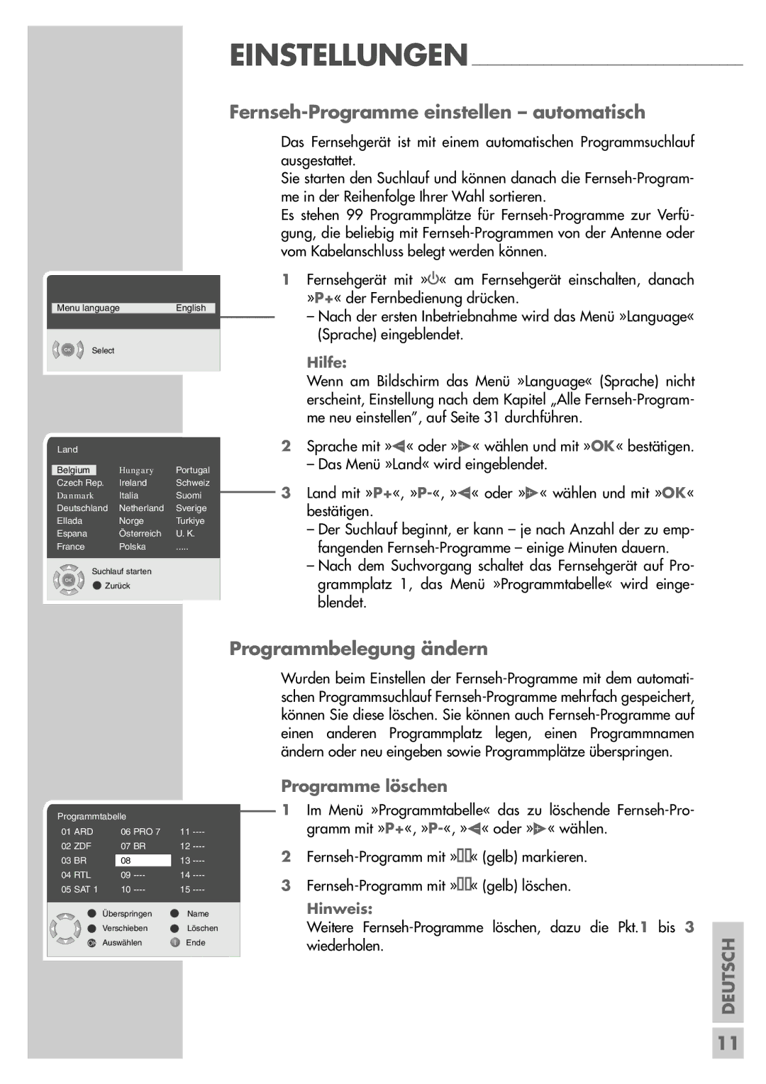 Grundig LXW 82-6710 REF manual Fernseh-Programme einstellen automatisch, Programmbelegung ändern, Programme löschen, Hilfe 