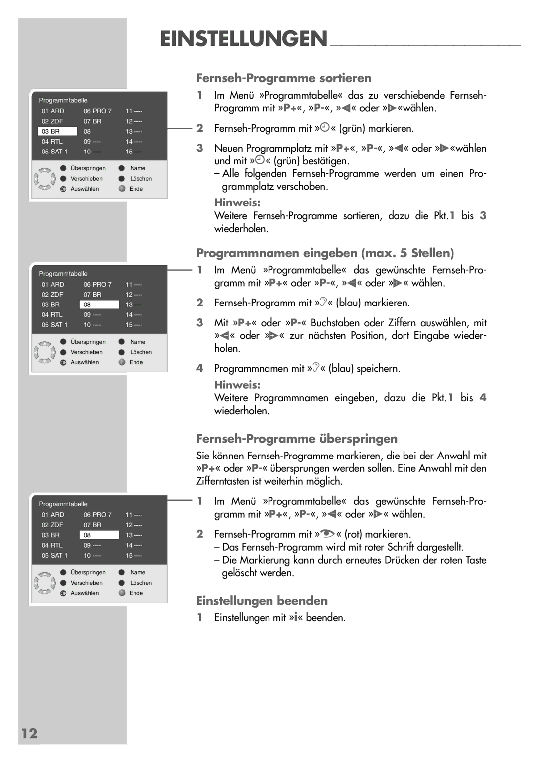 Grundig LXW 82-6710 REF manual Einstellungen Fernseh-Programme sortieren, Programmnamen eingeben max Stellen 