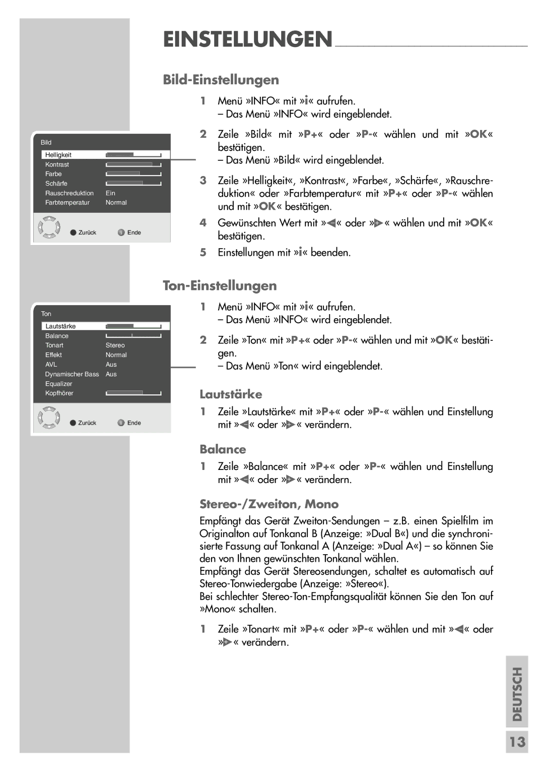 Grundig LXW 82-6710 REF manual Bild-Einstellungen, Ton-Einstellungen, Lautstärke, Balance, Stereo-/Zweiton, Mono 