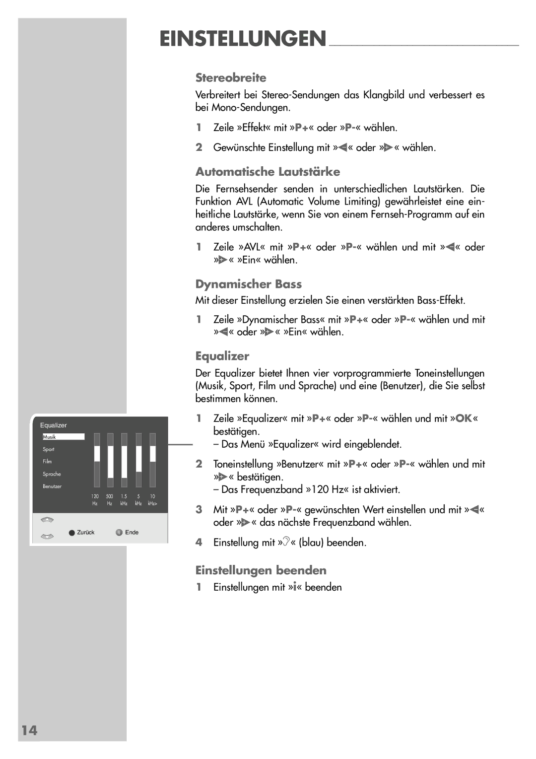 Grundig LXW 82-6710 REF manual Einstellungen Stereobreite, Automatische Lautstärke, Dynamischer Bass, Equalizer 