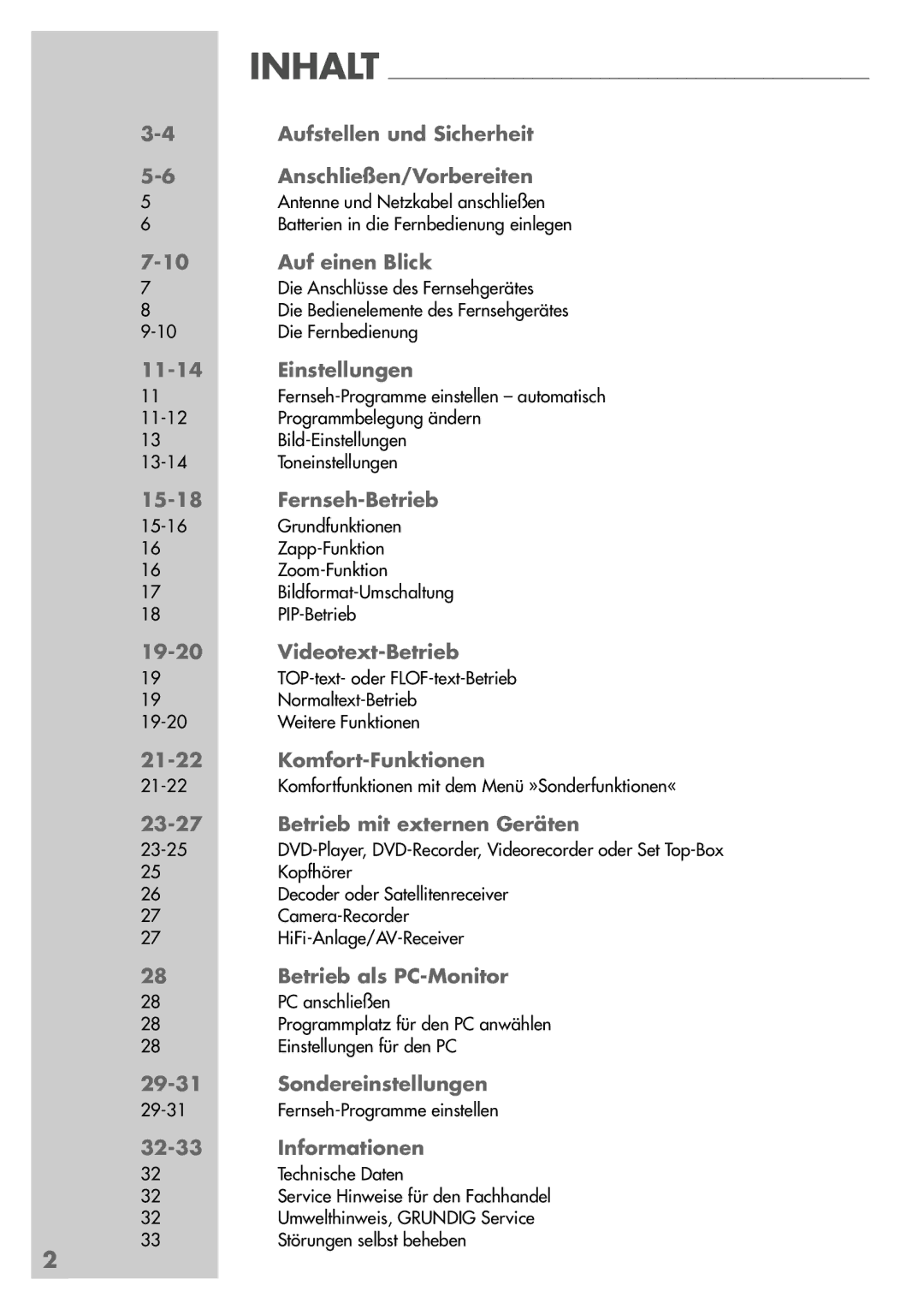 Grundig LXW 82-6710 REF Aufstellen und Sicherheit, Anschließen/Vorbereiten, Auf einen Blick, Einstellungen, Informationen 