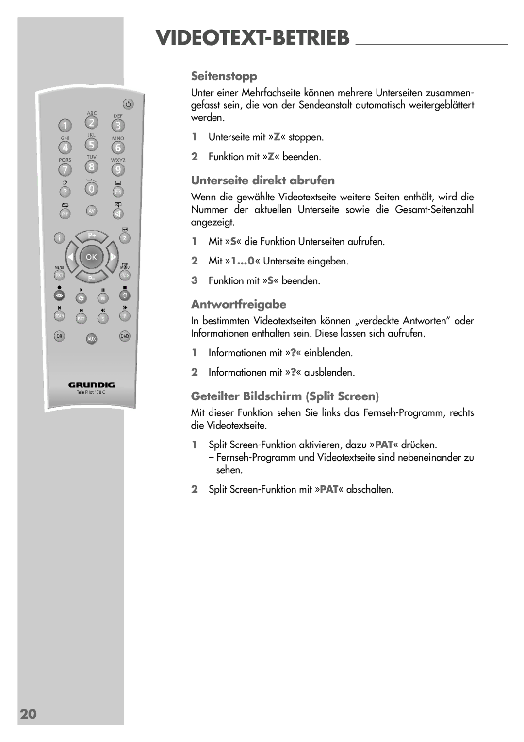 Grundig LXW 82-6710 REF manual Seitenstopp, Unterseite direkt abrufen, Antwortfreigabe, Geteilter Bildschirm Split Screen 