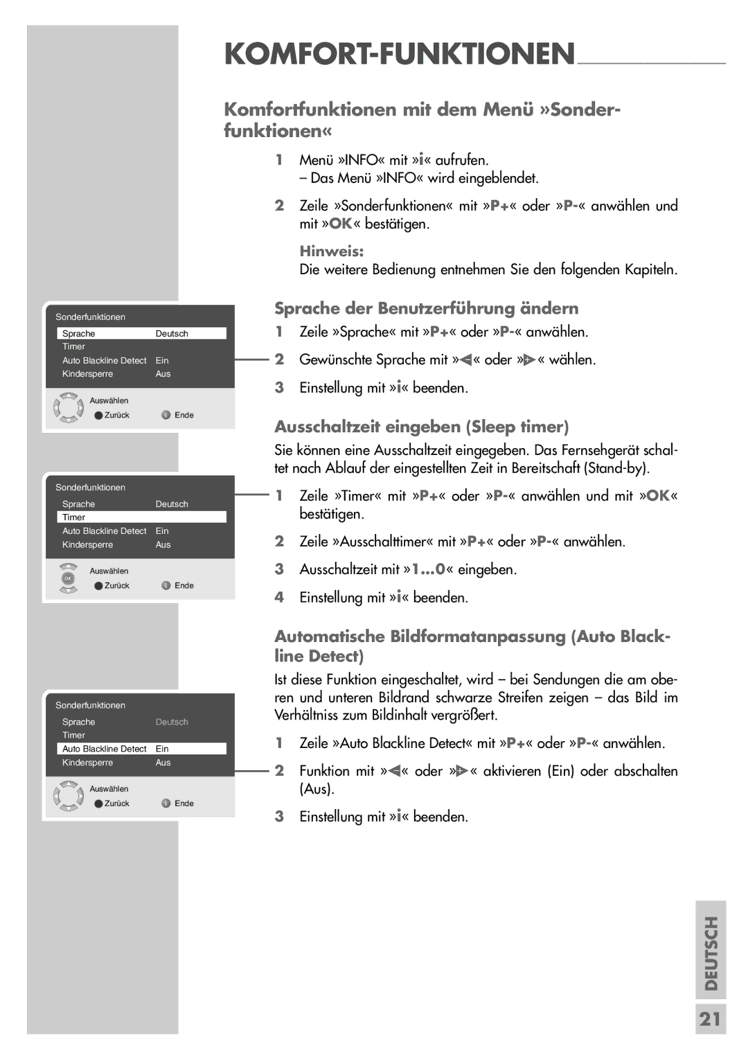 Grundig LXW 82-6710 REF manual Komfortfunktionen mit dem Menü »Sonder- funktionen«, Sprache der Benutzerführung ändern 