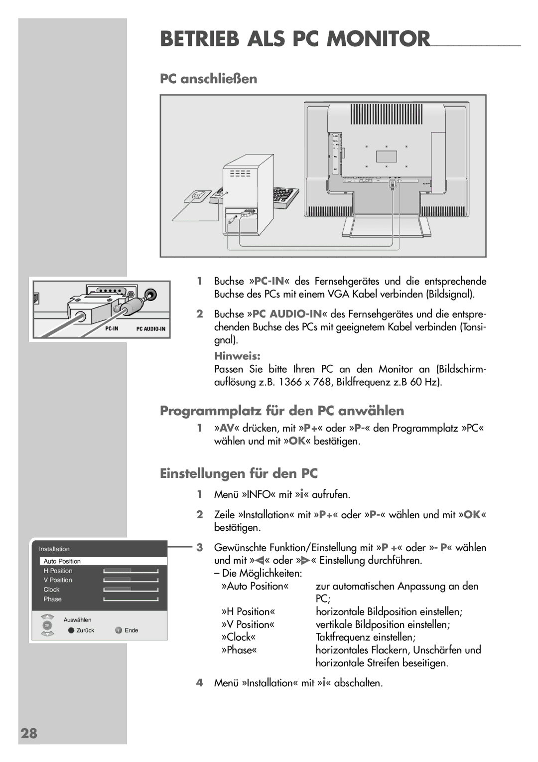 Grundig LXW 82-6710 REF manual PC anschließen, Programmplatz für den PC anwählen, Einstellungen für den PC 