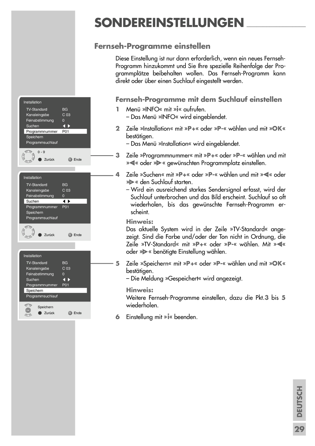 Grundig LXW 82-6710 REF manual Fernseh-Programme einstellen, Fernseh-Programme mit dem Suchlauf einstellen 