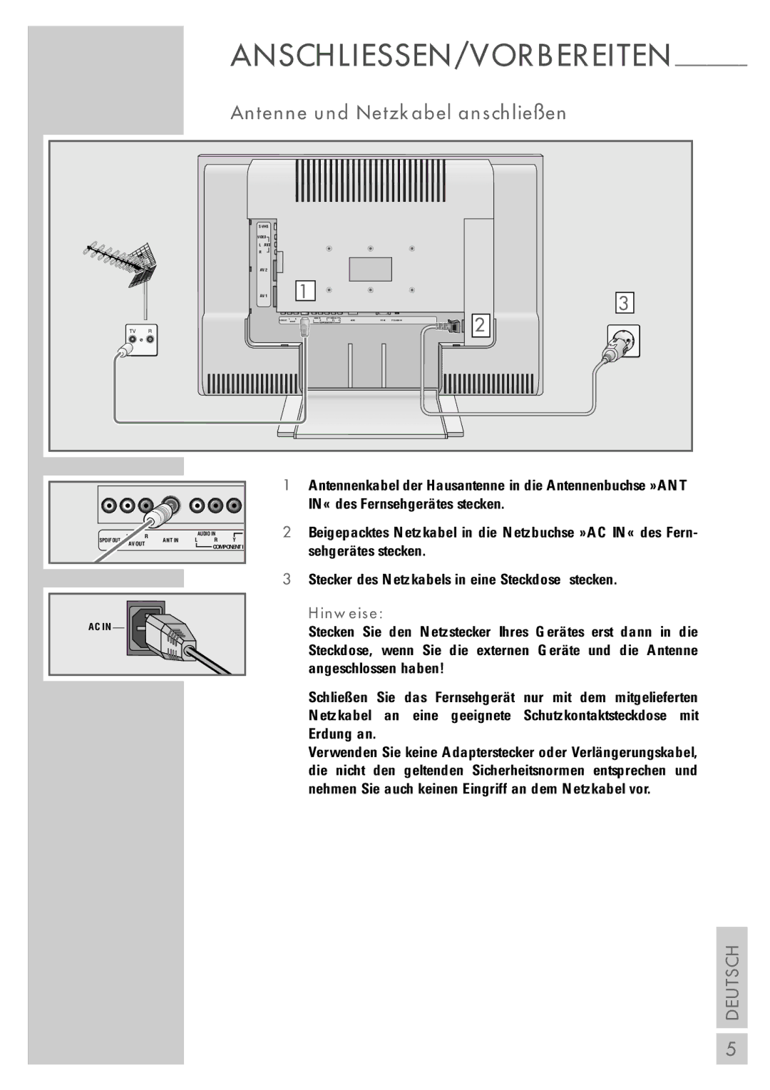 Grundig LXW 82-6710 REF manual Antenne und Netzkabel anschließen, Hinweise 