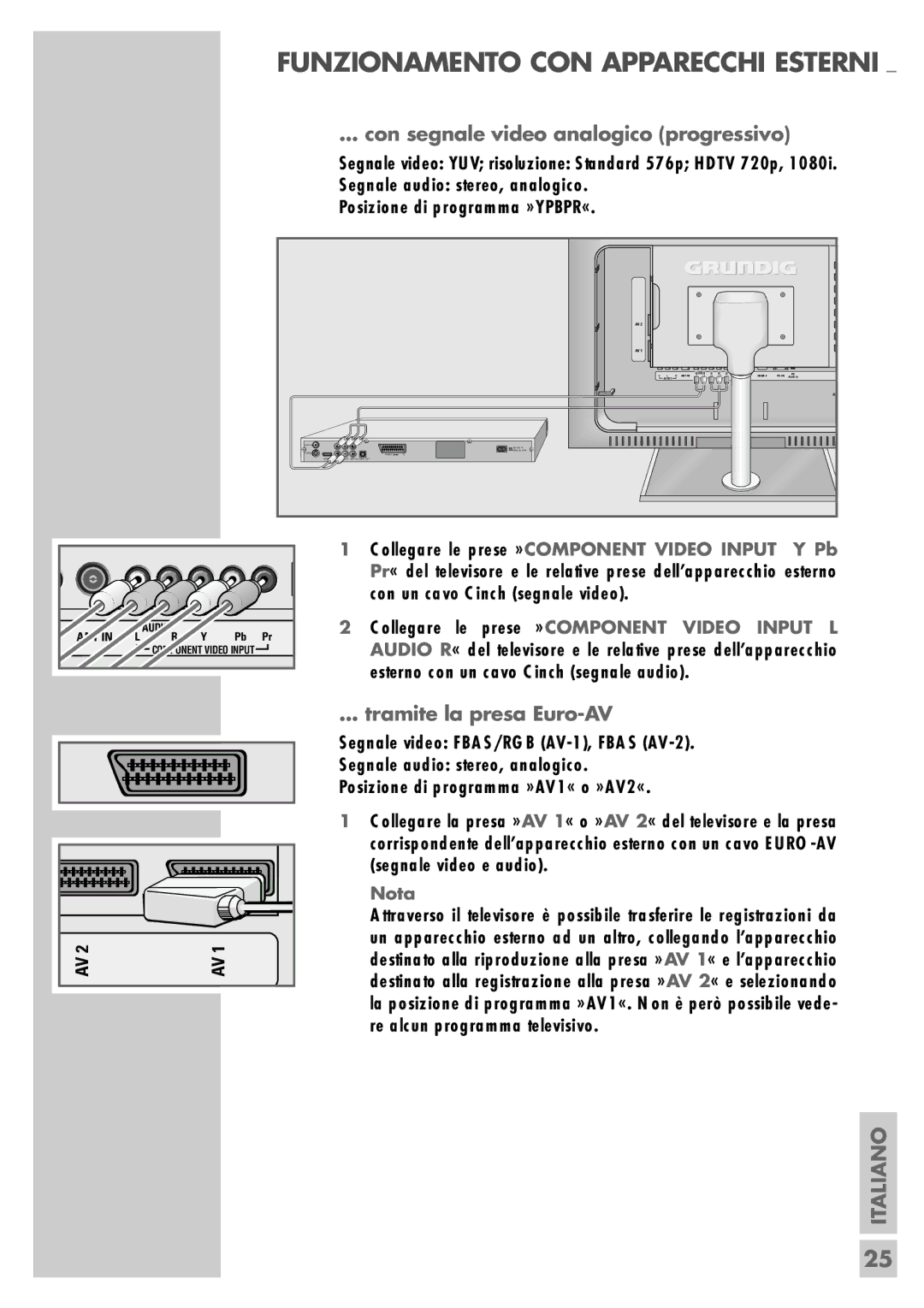 Grundig LXW 68-8720 Dolby, LXW 82-8720 Dolby manual Con segnale video analogico progressivo, Tramite la presa Euro-AV 