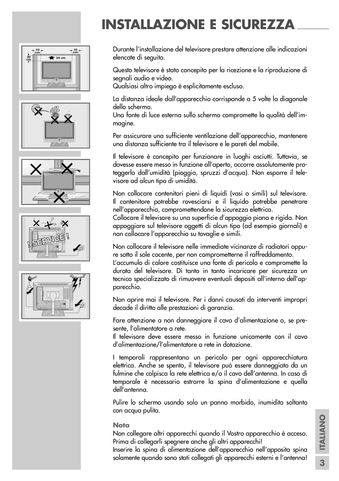 Grundig LXW 68-8720 Dolby, LXW 82-8720 Dolby manual Installazione E Sicurezza, Nota 