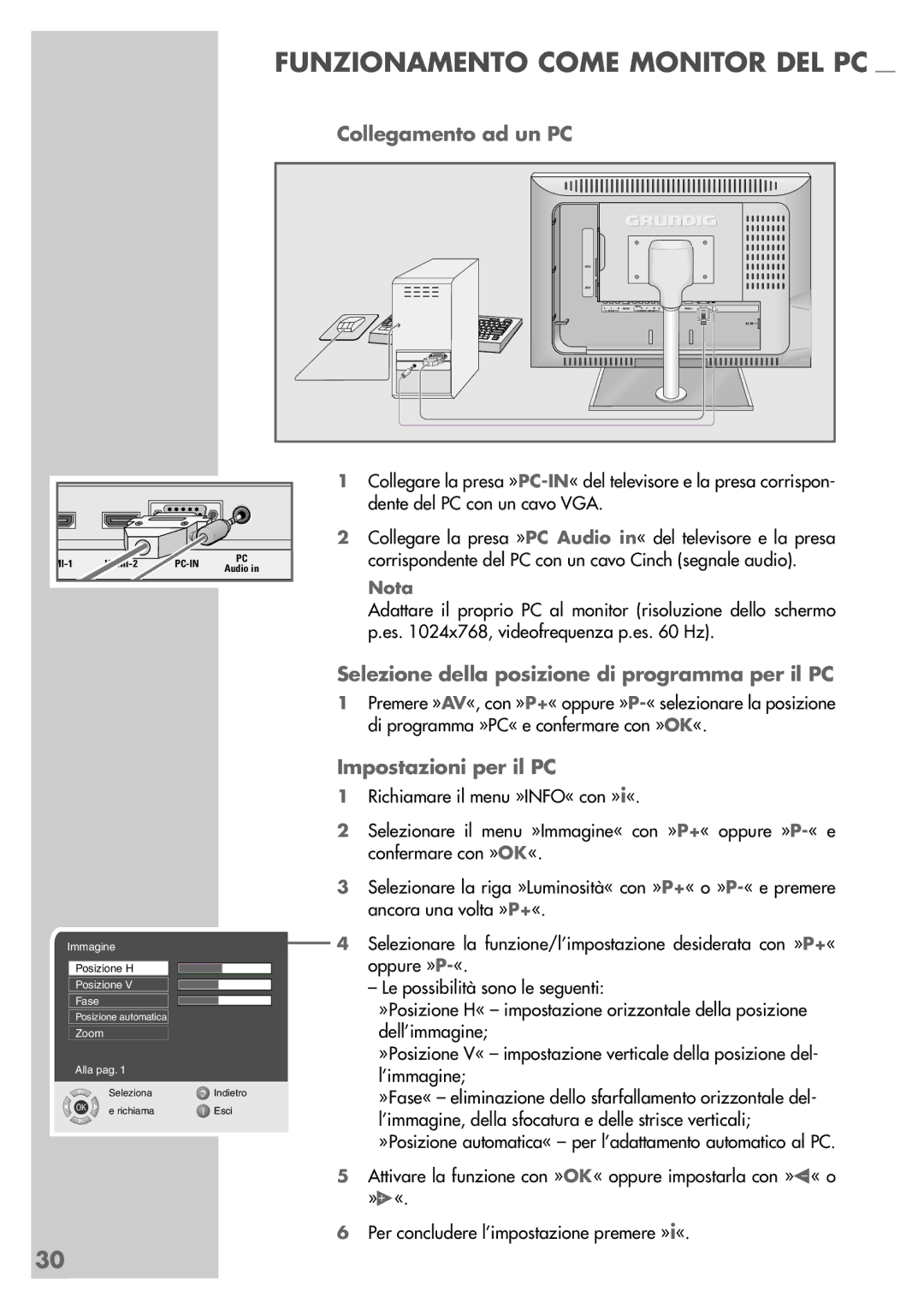 Grundig LXW 82-8720 Dolby Collegamento ad un PC, Selezione della posizione di programma per il PC, Impostazioni per il PC 