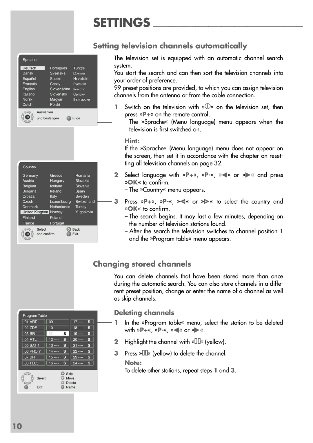 Grundig LXW 82-8720 Setting television channels automatically, Changing stored channels, Deleting channels, Settings, Hint 