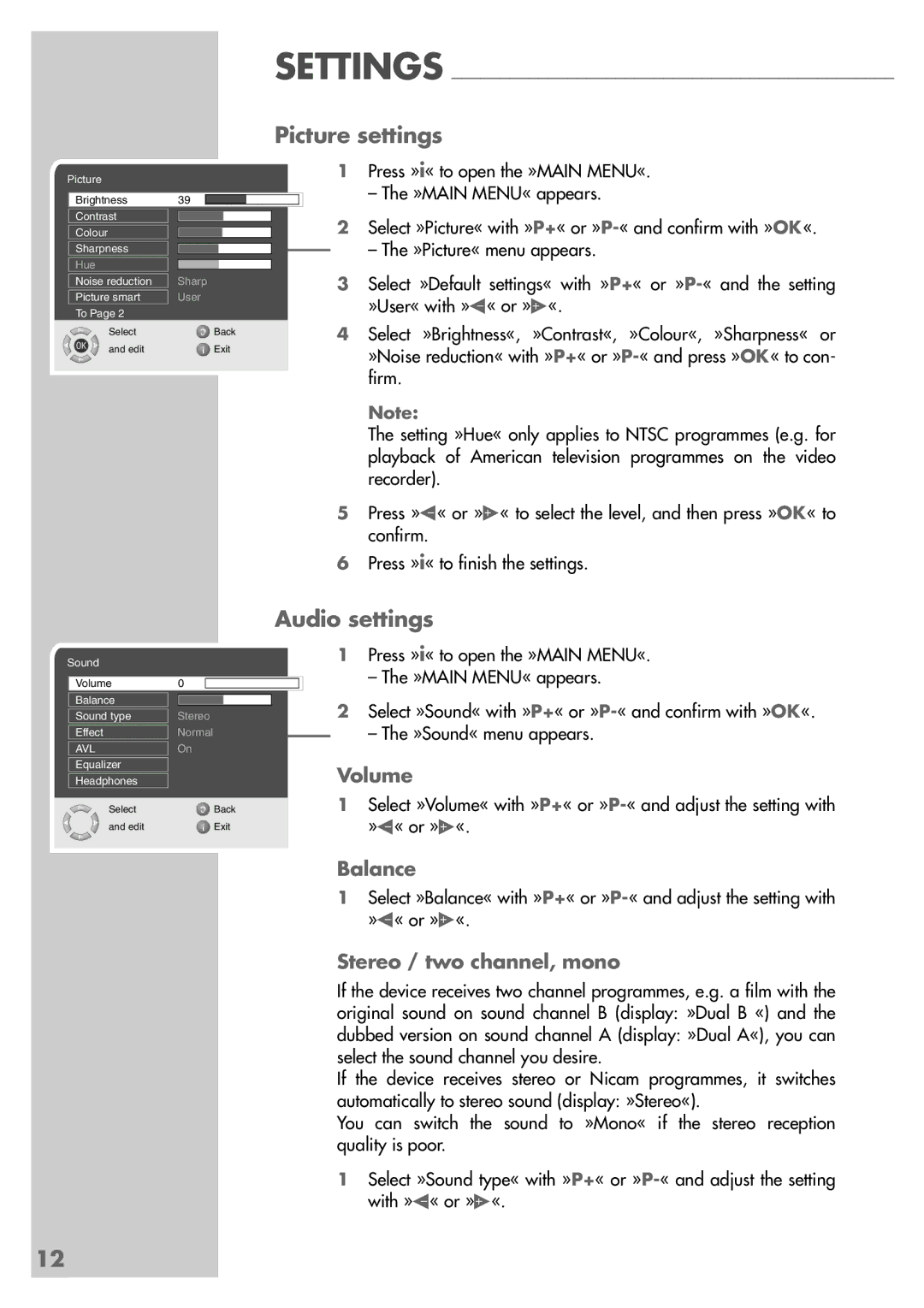 Grundig LXW 82-8720, LXW 68-8720 manual Picture settings, Audio settings, Volume, Balance, Stereo / two channel, mono 